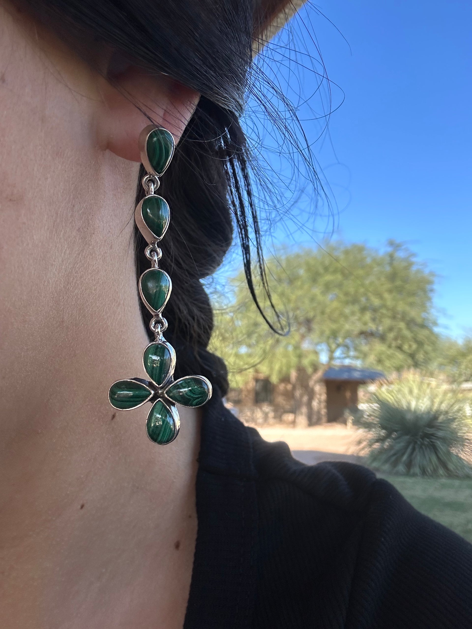 Navajo Made Malachite  & Sterling Silver Earrings