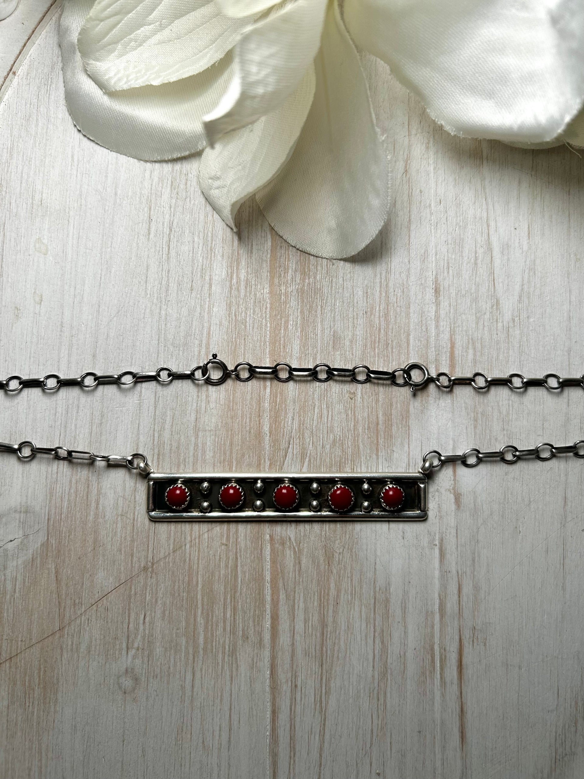 Navajo Made Red Coral & Sterling Silver Necklace