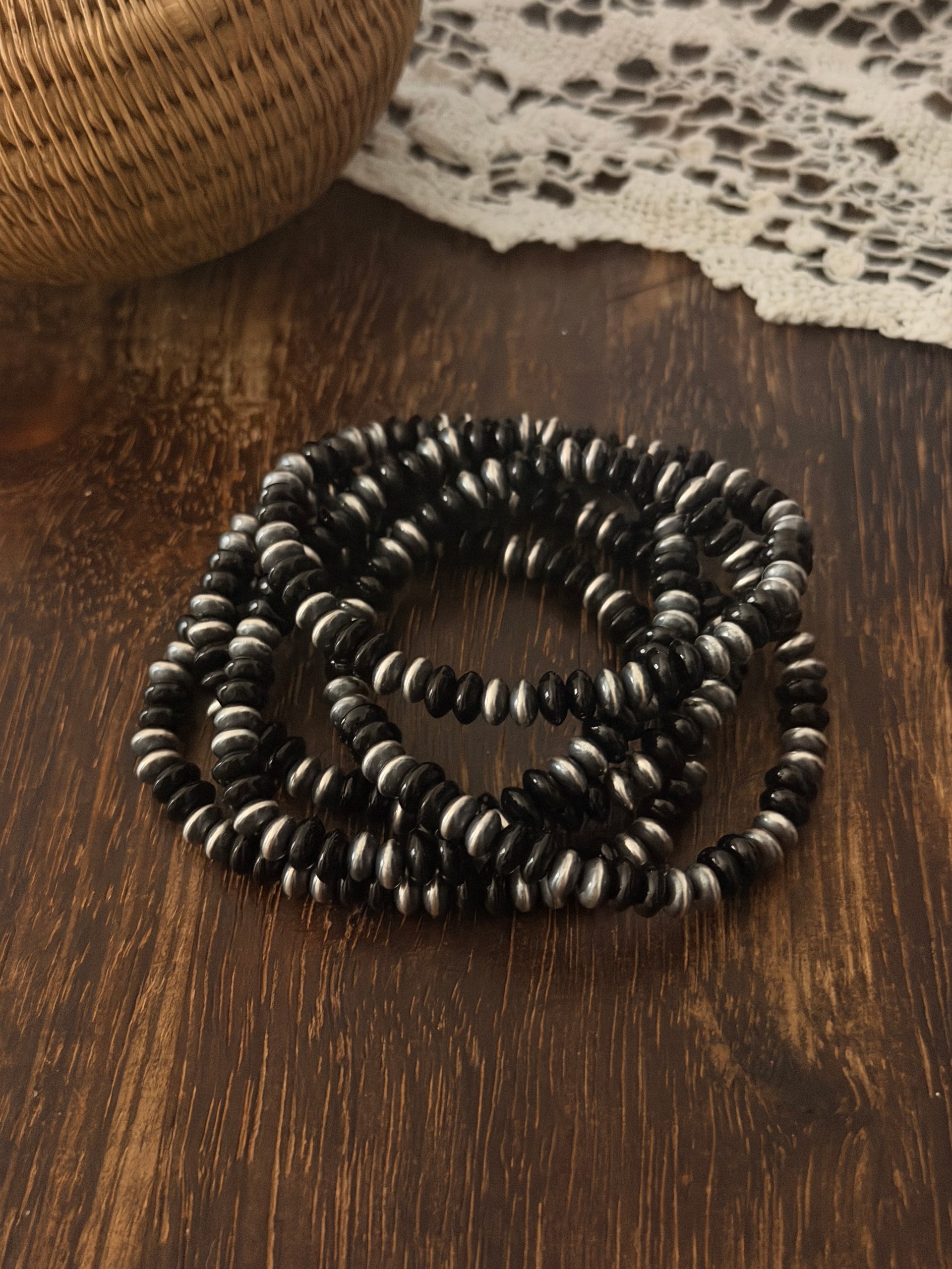Navajo Strung Onyx & Sterling Silver Pearl Beaded Stretch Bracelet