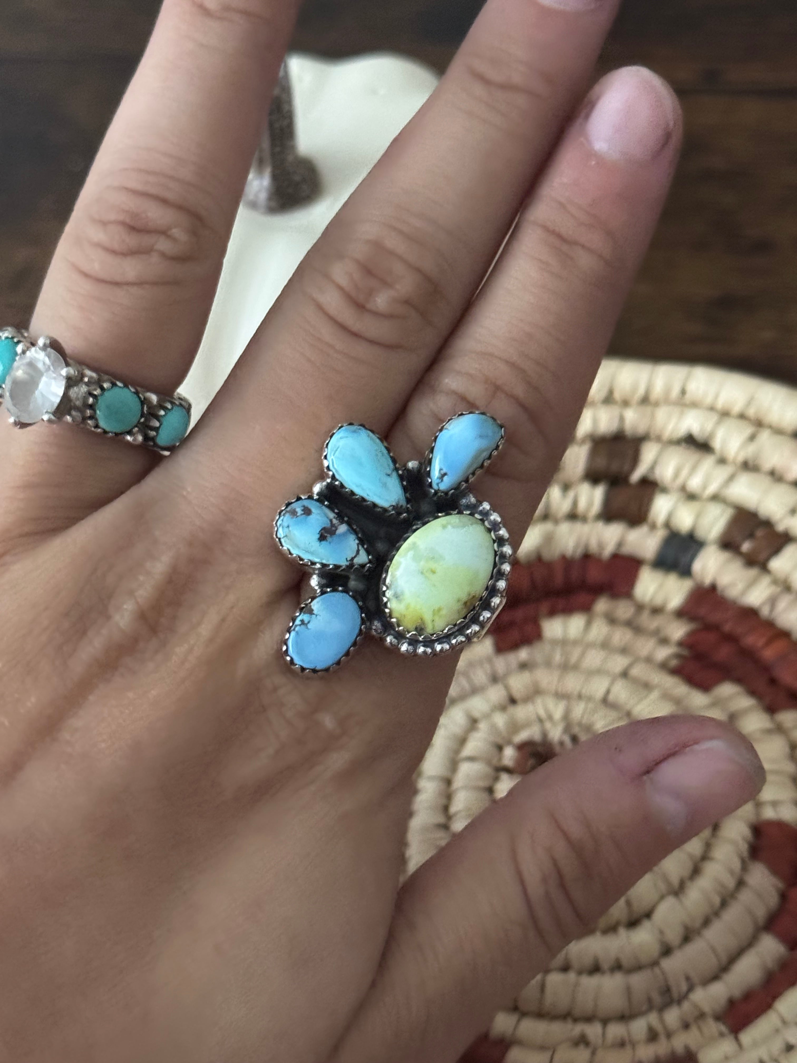 Southwest Handmade Multi Stone & Sterling Silver Adjustable Cluster Ring