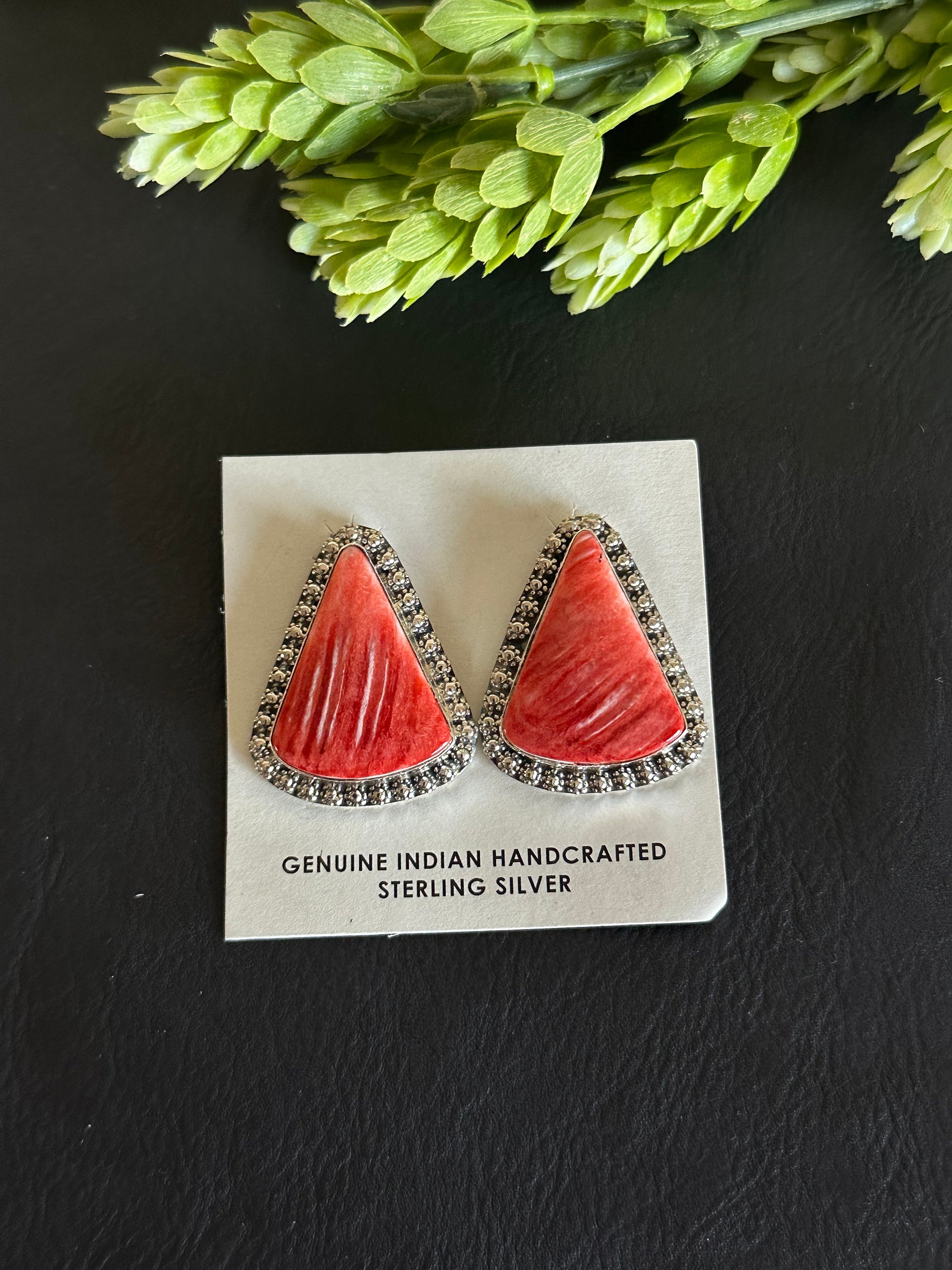Navajo Made Red Spiny Oyster & Sterling Silver Post Earrings