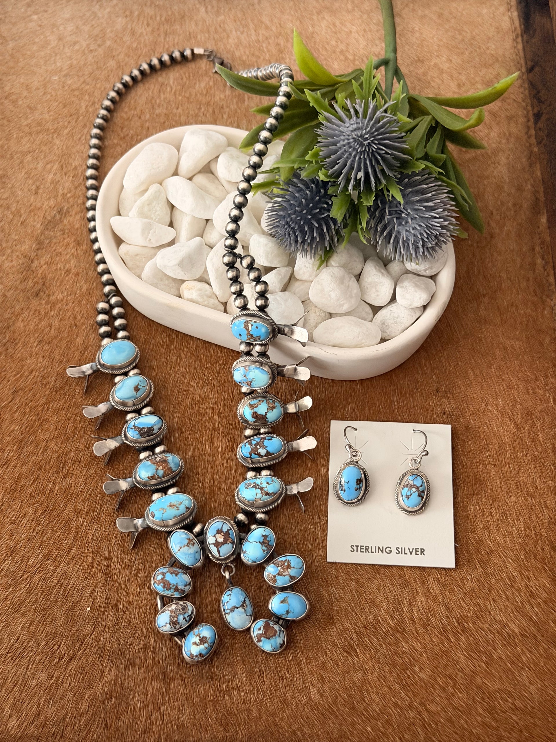 Lydia Begay Golden Hills Turquoise & Sterling Silver Cluster Squash Blossom Necklace Set