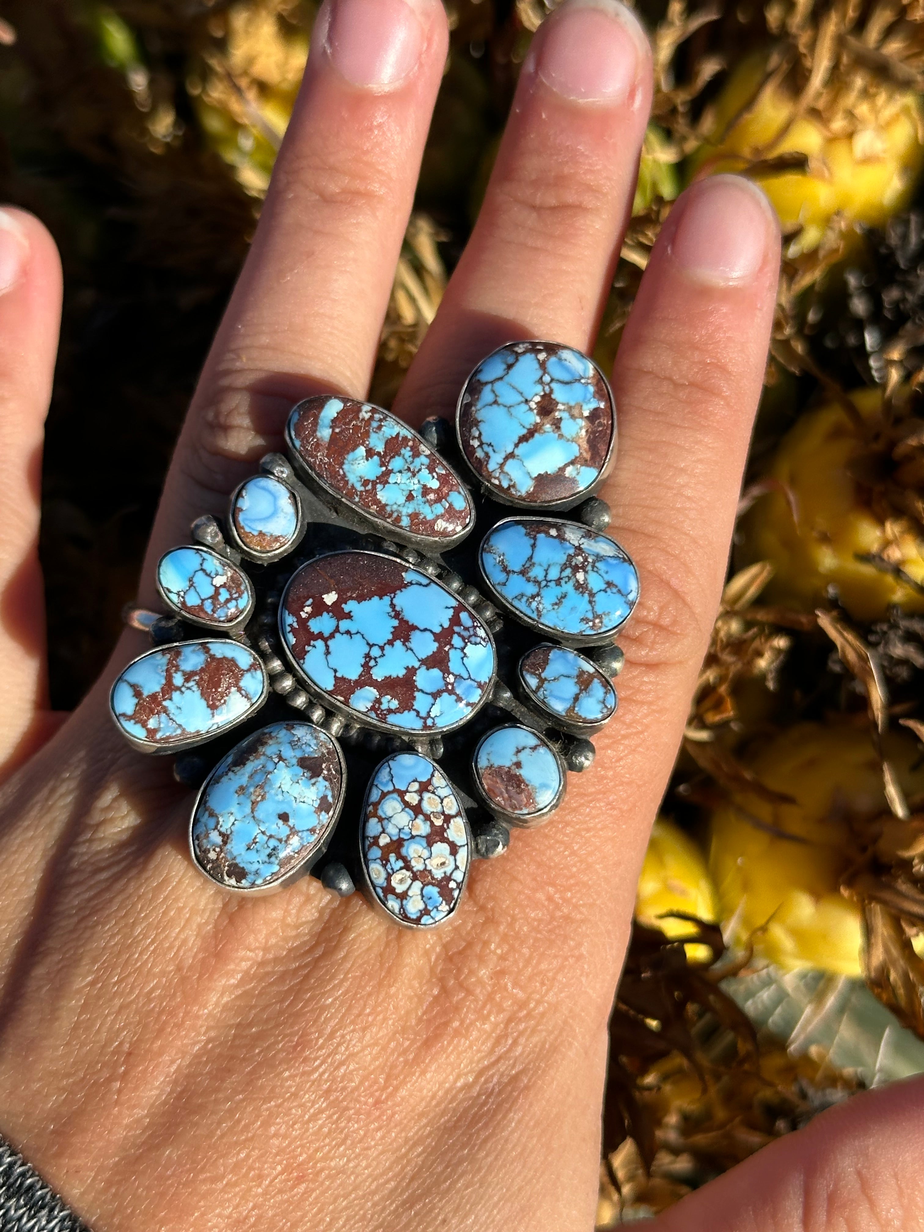 Navajo Made Golden Hills Turquoise & Sterling Silver Cluster Ring Size 9.25