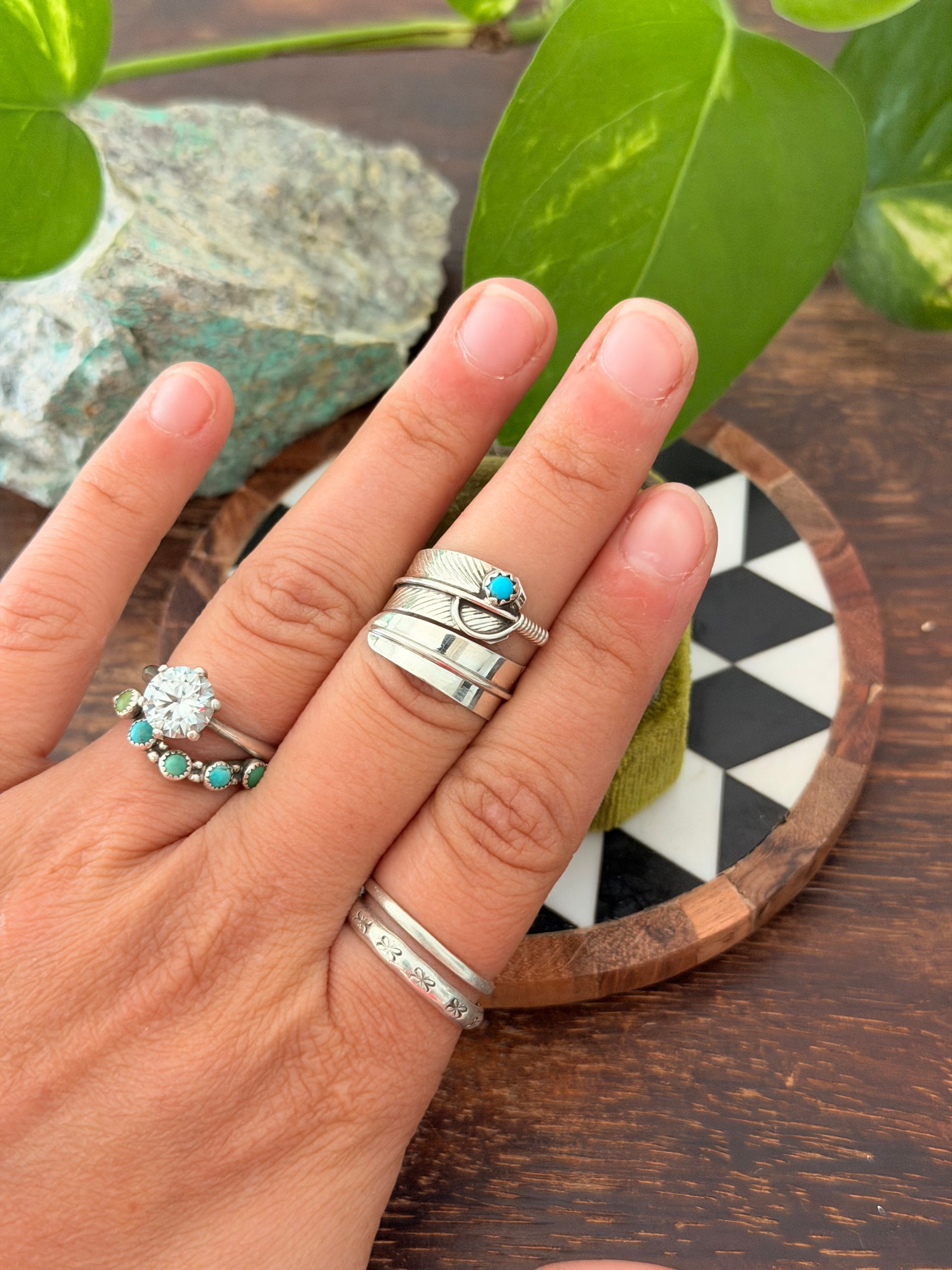 Navajo Made Kingman Turquoise & Sterling Silver Feather Adjustable Ring