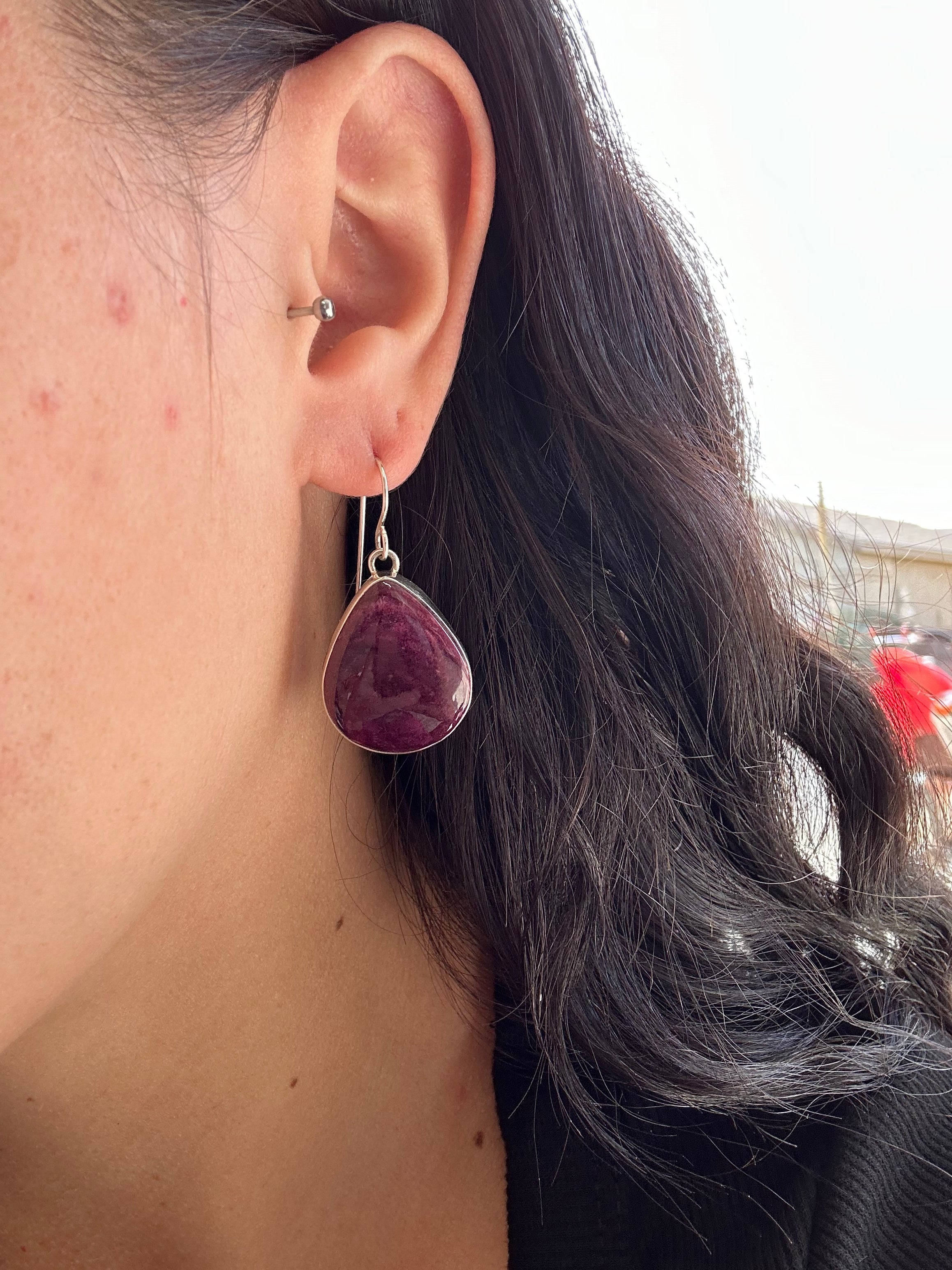 Navajo Made Purple Spiny Oyster & Sterling Silver Dangle Earrings