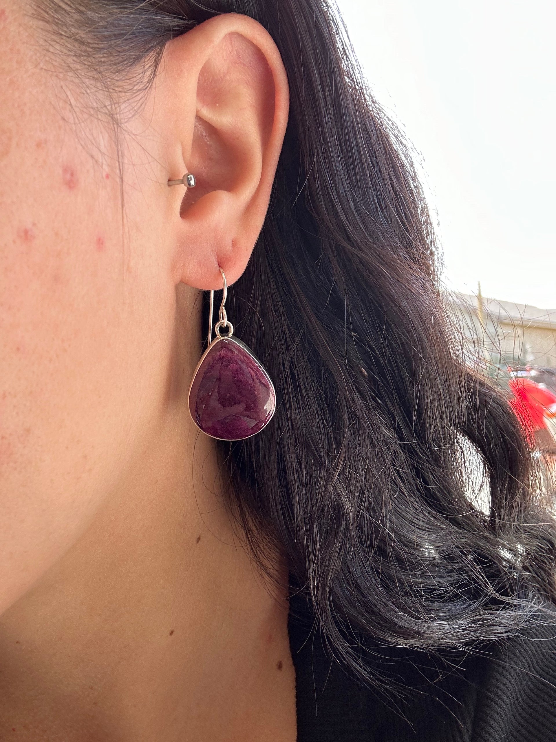 Navajo Made Purple Spiny Oyster & Sterling Silver Dangle Earrings