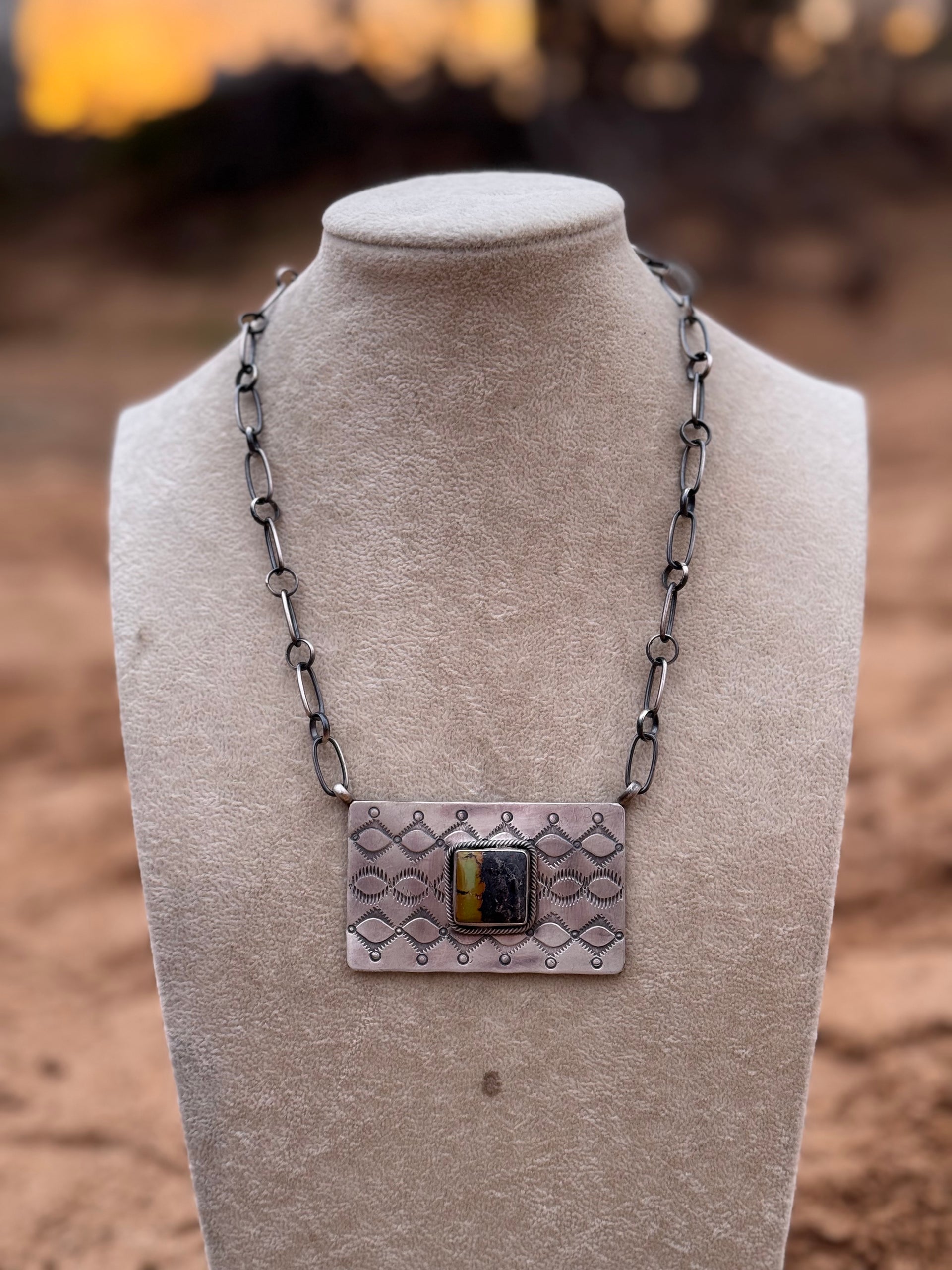 Danny Henio Black Jack Turquoise & Sterling Silver Bar Necklace