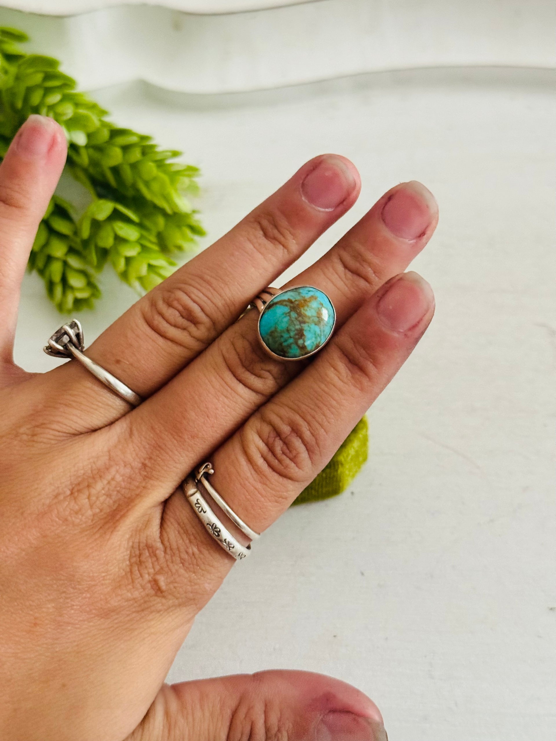 Southwest Made Kingman Turquoise & Sterling Sliver Ring Size 7.75