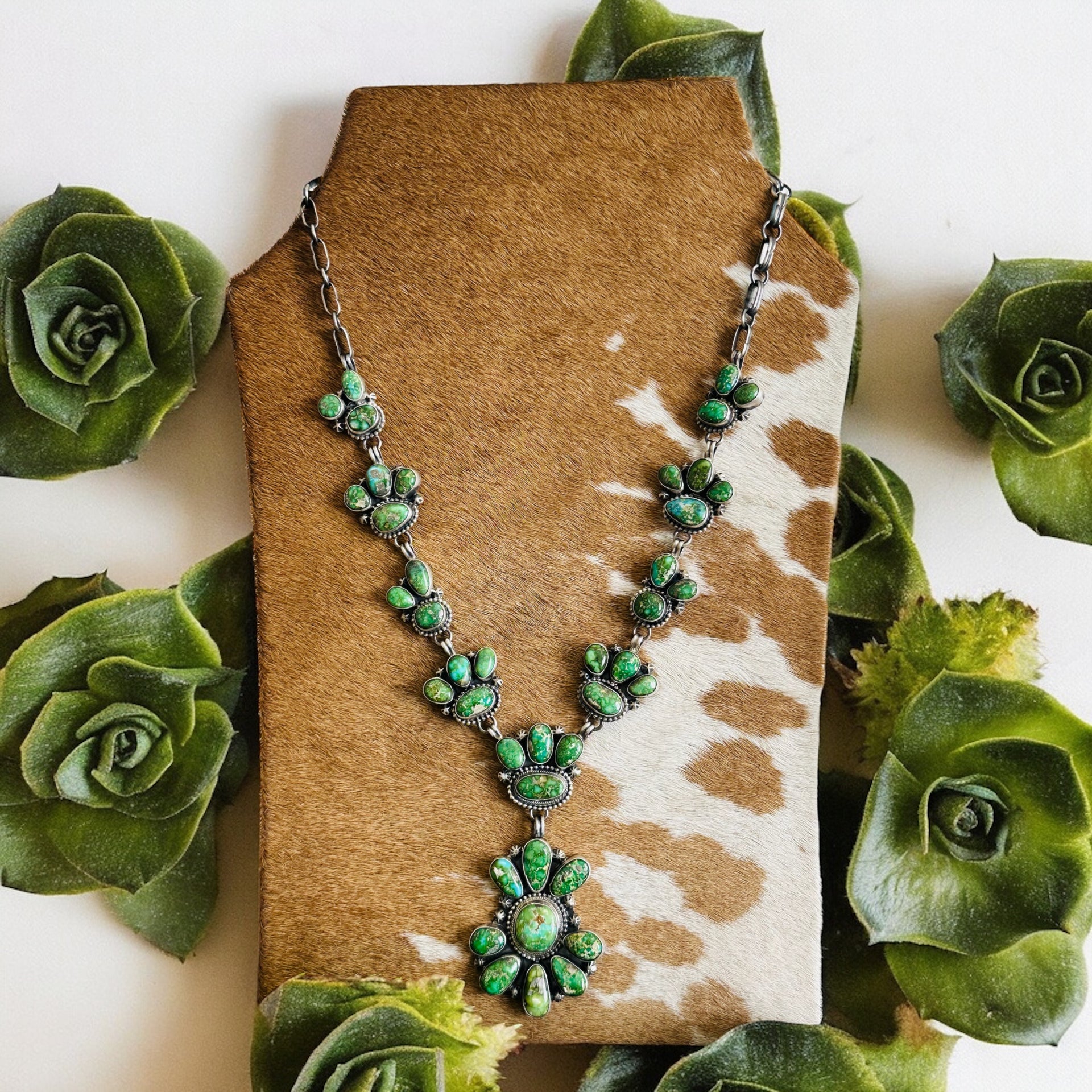 Navajo Made Sonoran Gold Turquoise & Sterling Silver Cluster Necklace Set