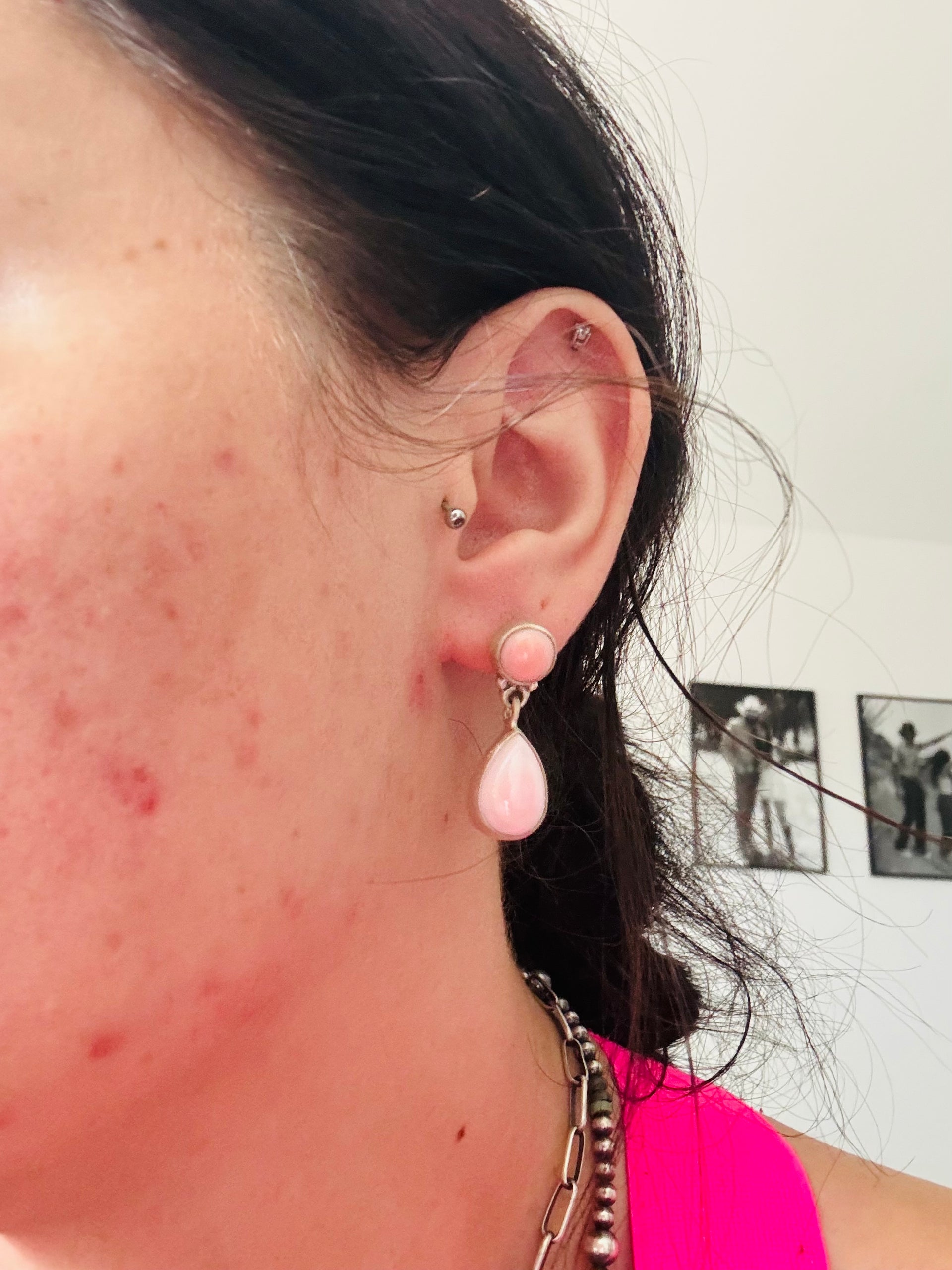 Southwest Made Pink Conch & Sterling Silver Post Dangle Earrings