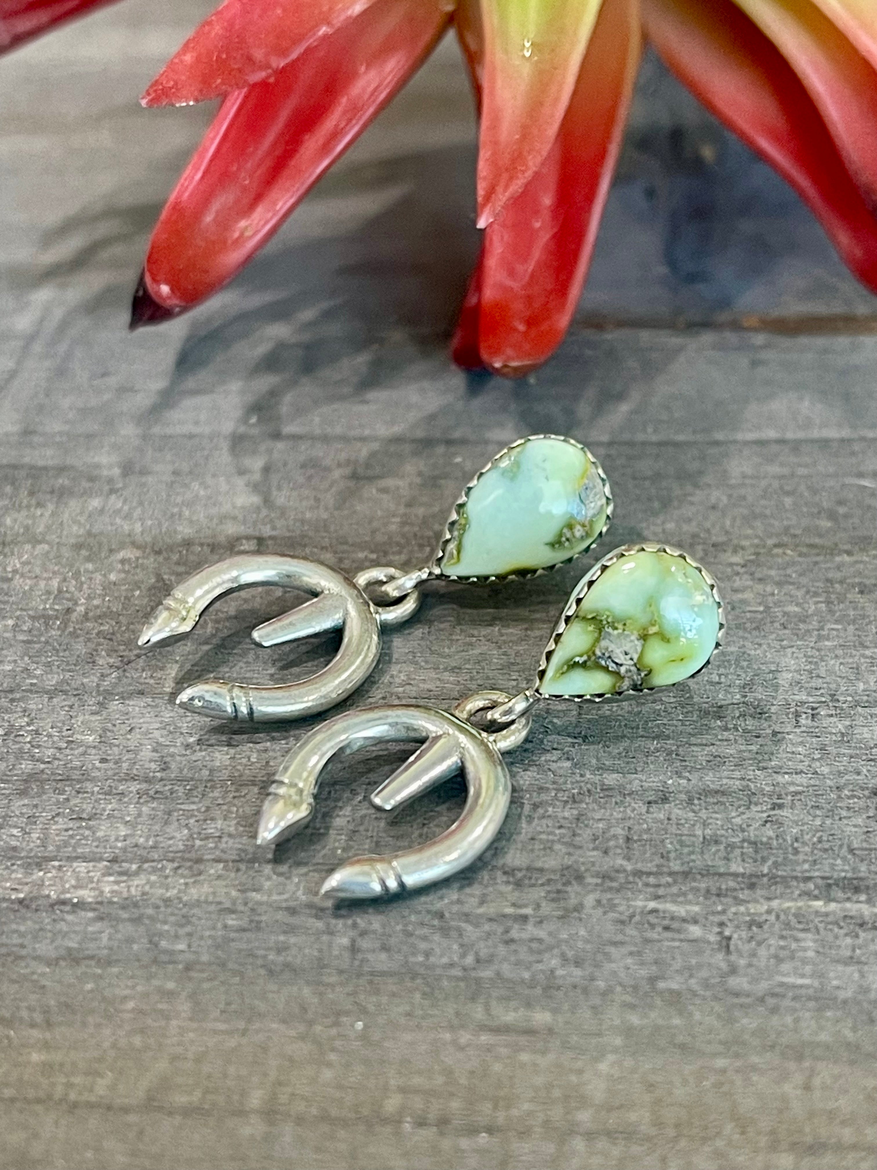 Southwest Handmade Palomino Variscite & Sterling Silver Post Dangle Naja Earrings