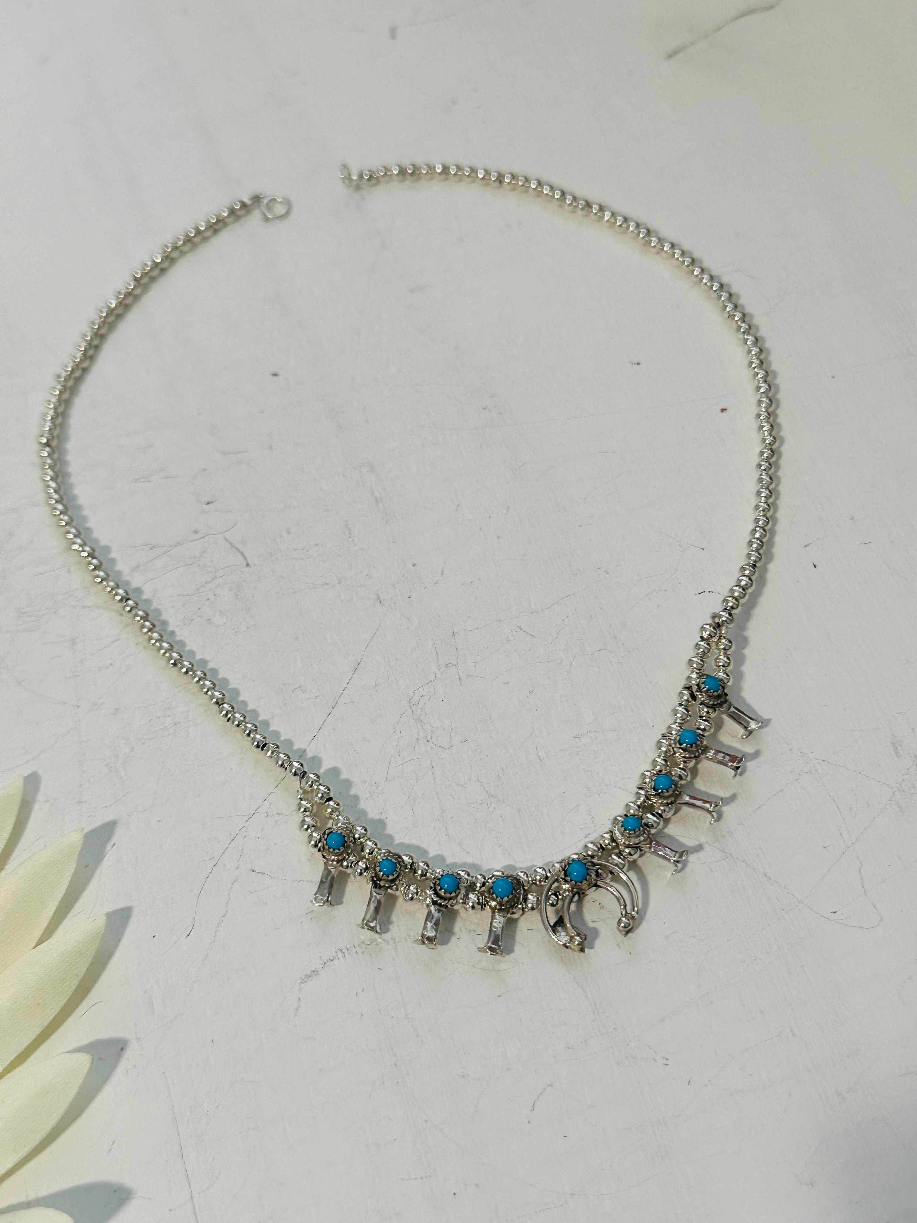 Navajo Made Kingman Turquoise & Sterling Silver Mini Squash Blossom Necklace