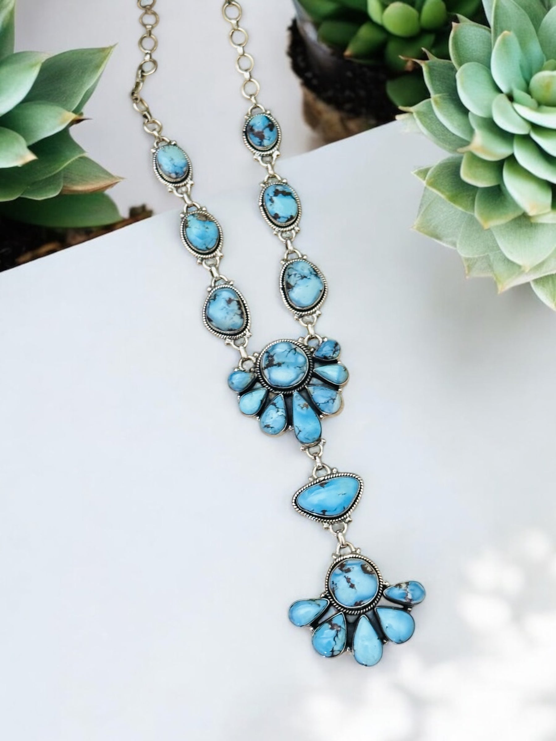 Southwest Handmade Golden Hills Turquoise & Sterling Silver Cluster Necklace