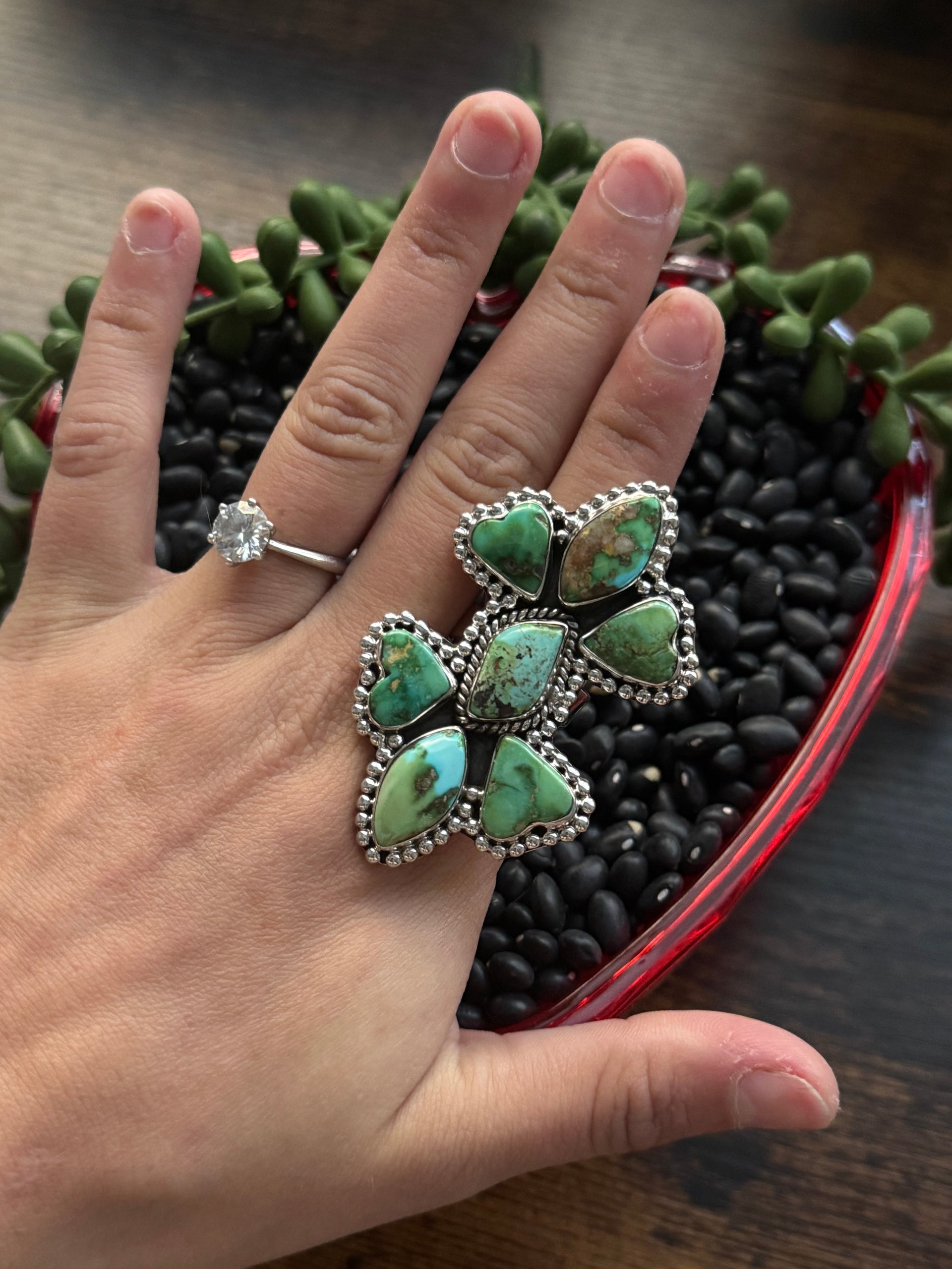Southwest Handmade Sonoran Mountain Turquoise & Sterling Silver Adjustable Cluster Ring