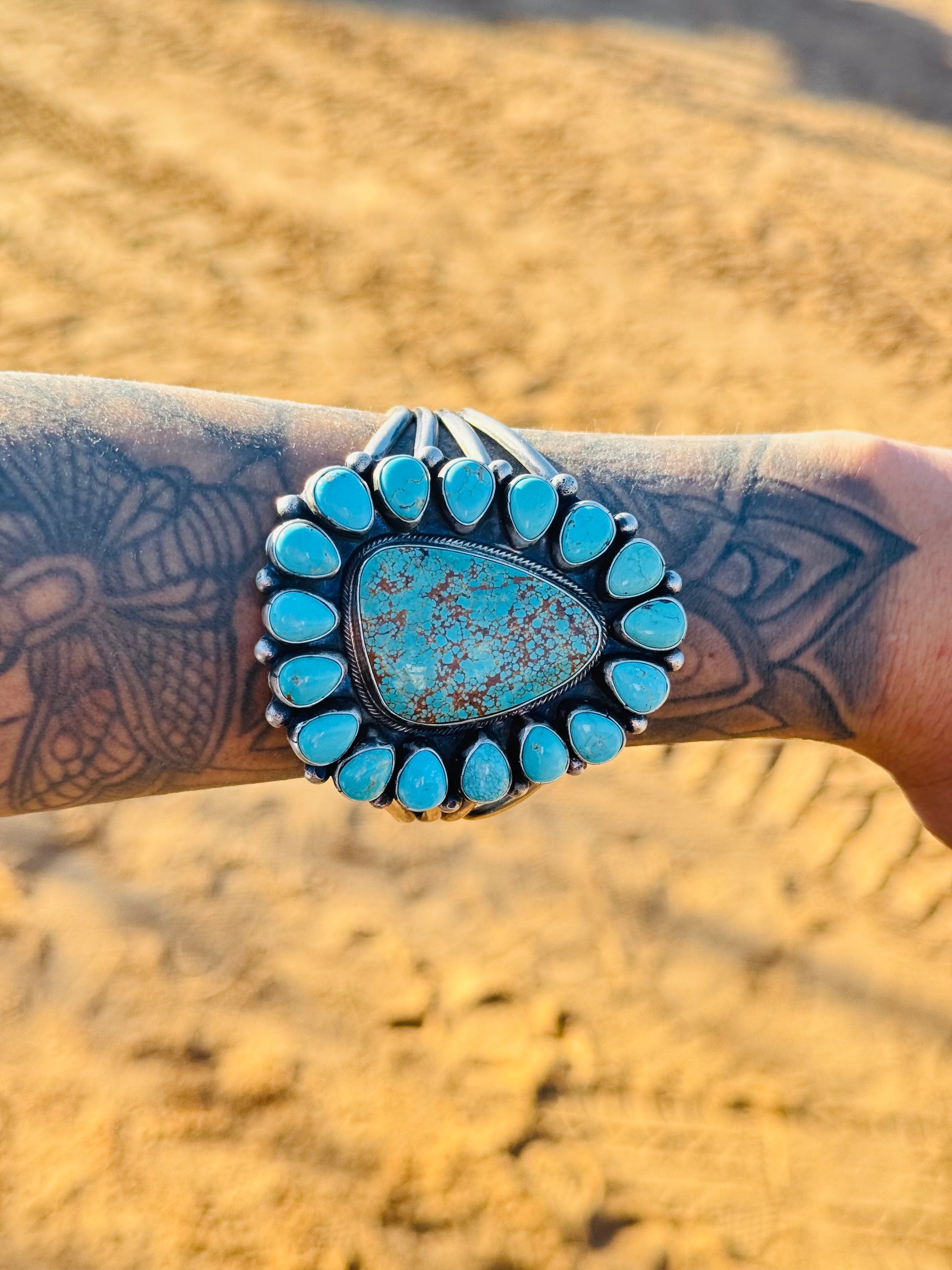 Bobby Johnson #8 Turquoise & Sterling Silver Cluster Cuff Bracelet