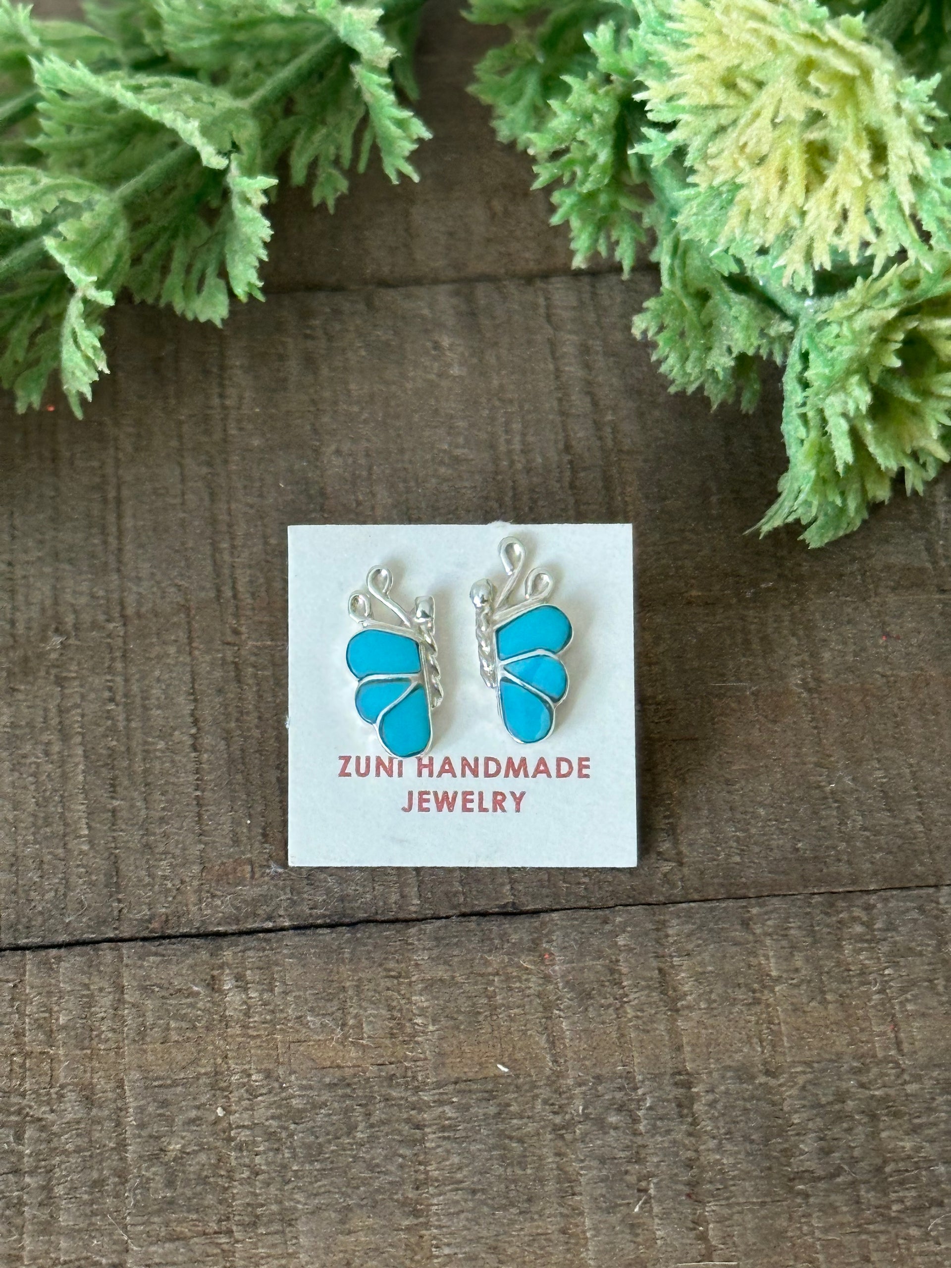 Zuni Handmade Kingman Turquoise & Sterling Silver Post Inlay Butterfly Earrings