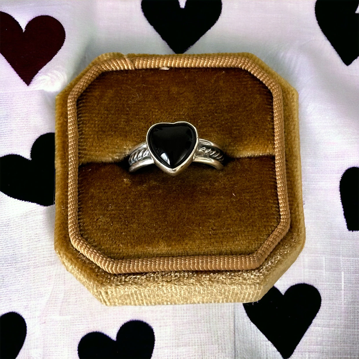 Navajo Made Onyx & Sterling Silver Heart Ring
