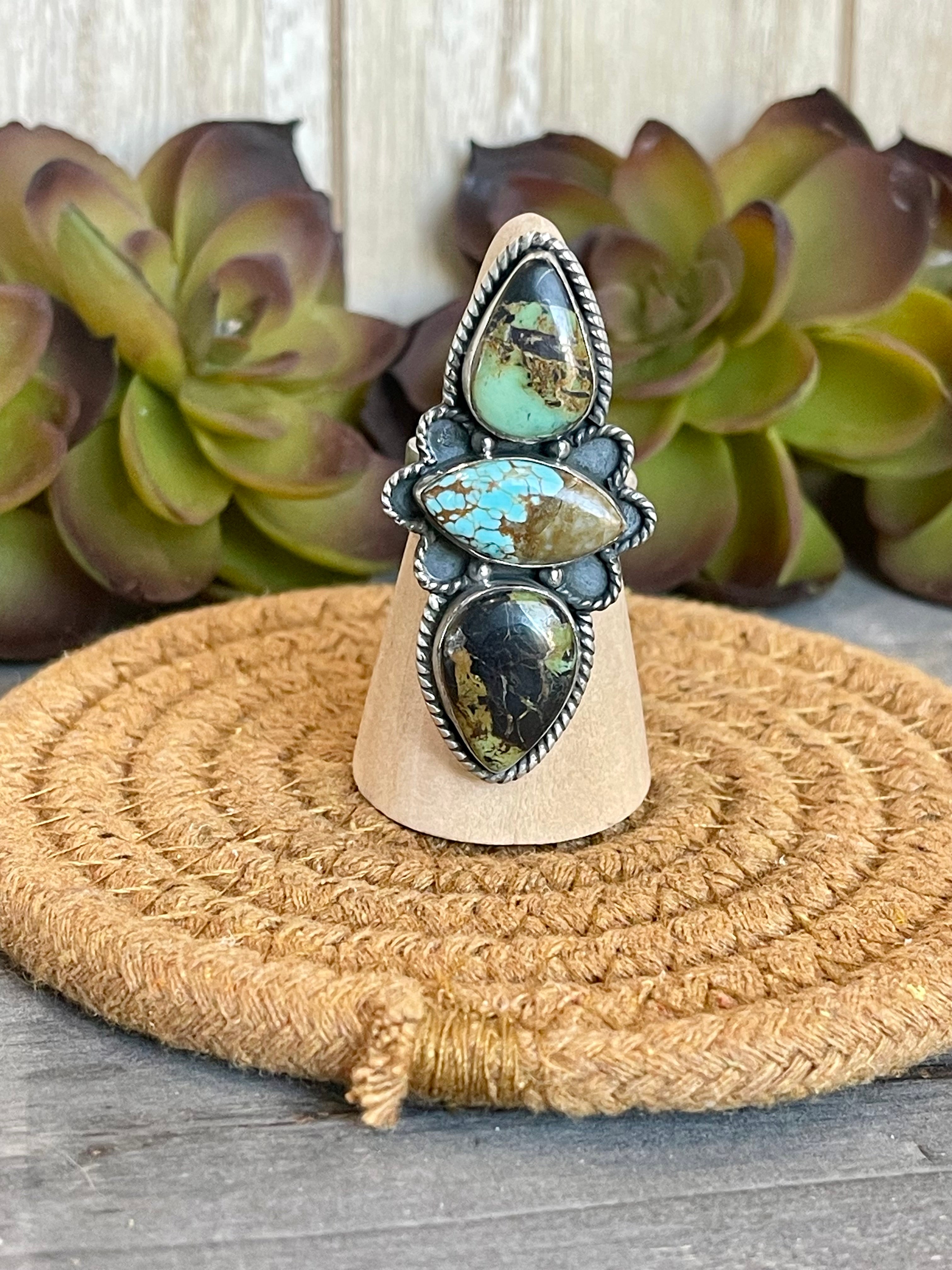 Southwest Handmade Black Jack And Number 8 Turquoise & Sterling Silver Adjustable Ring