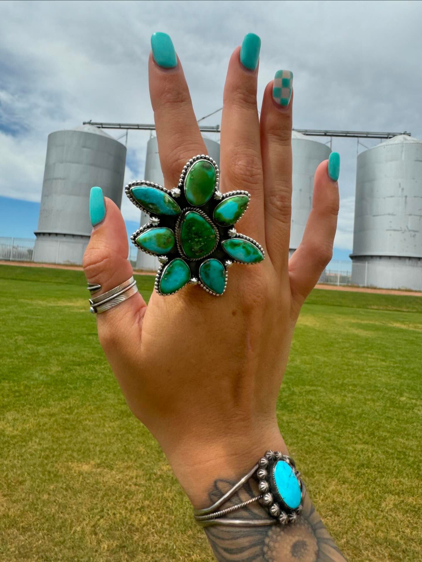 Southwest Handmade Sonoran Mountain Turquoise & Sterling Silver Adjustable Cluster Ring