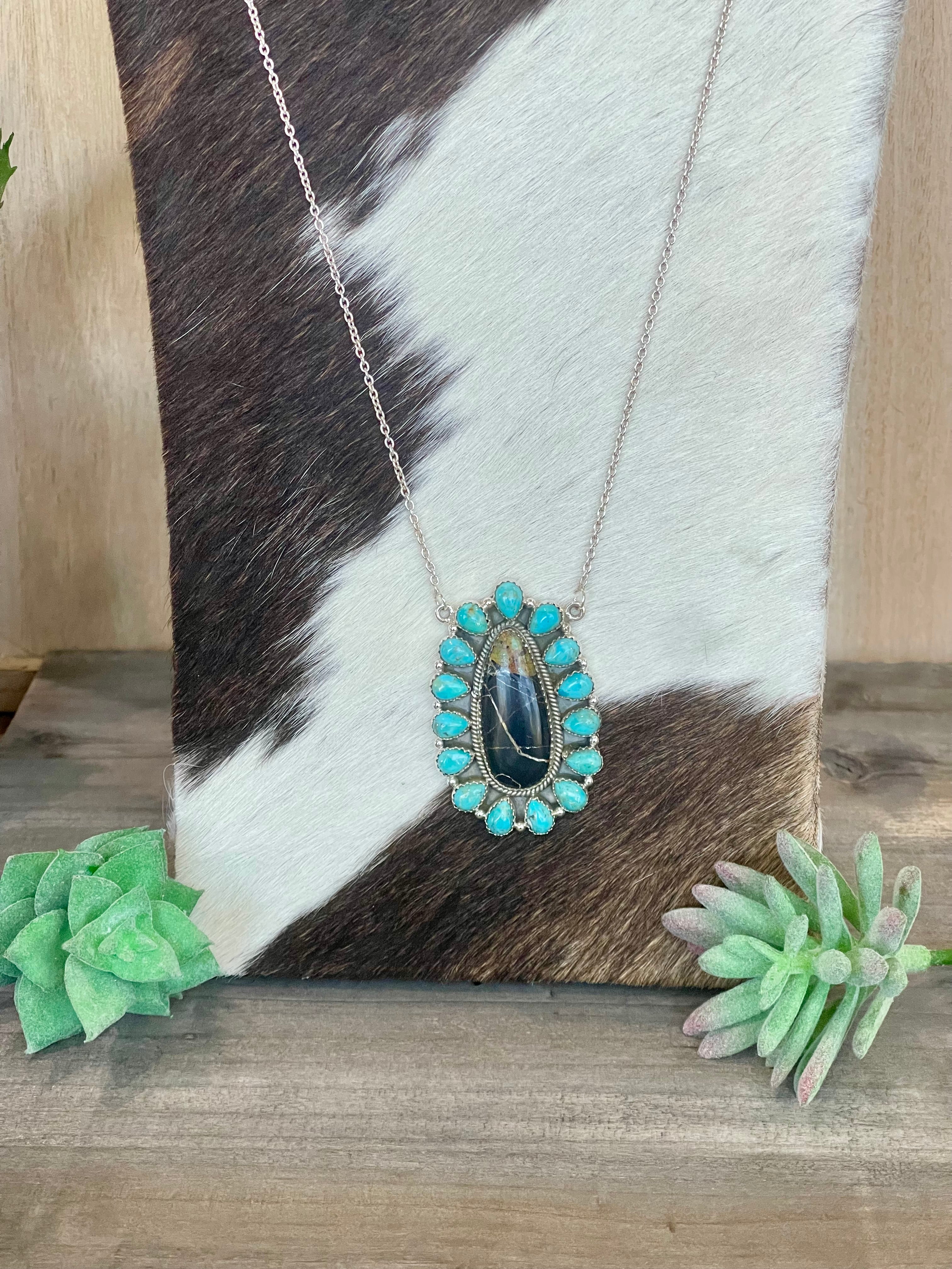 Southwest Handmade BlackJack Turquoise And Kingman Turquoise & Sterling Silver Necklace