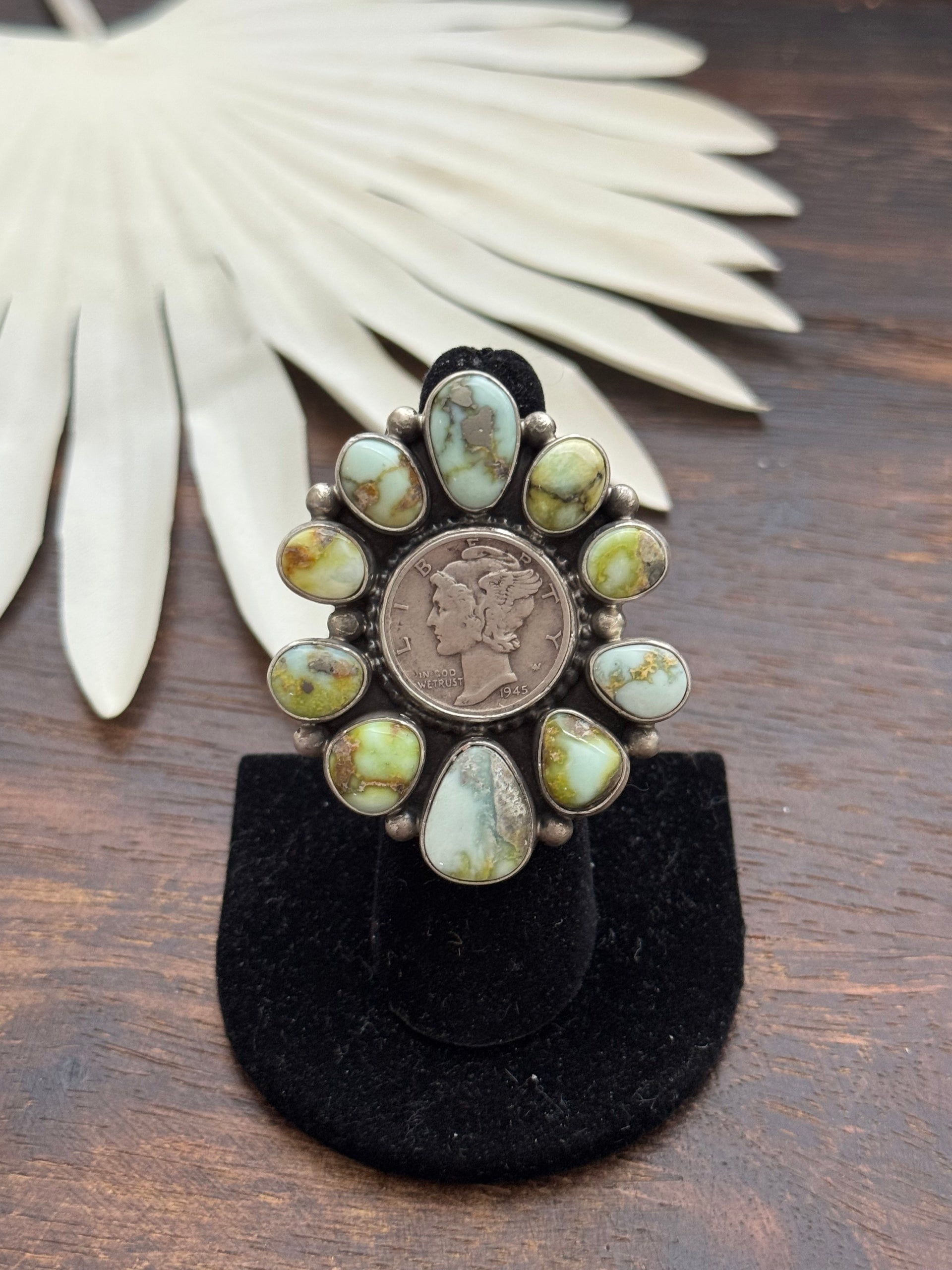 Dave Skeets Palomino Variscite & Sterling Silver Cluster Liberty Coin Ring Size 6.5