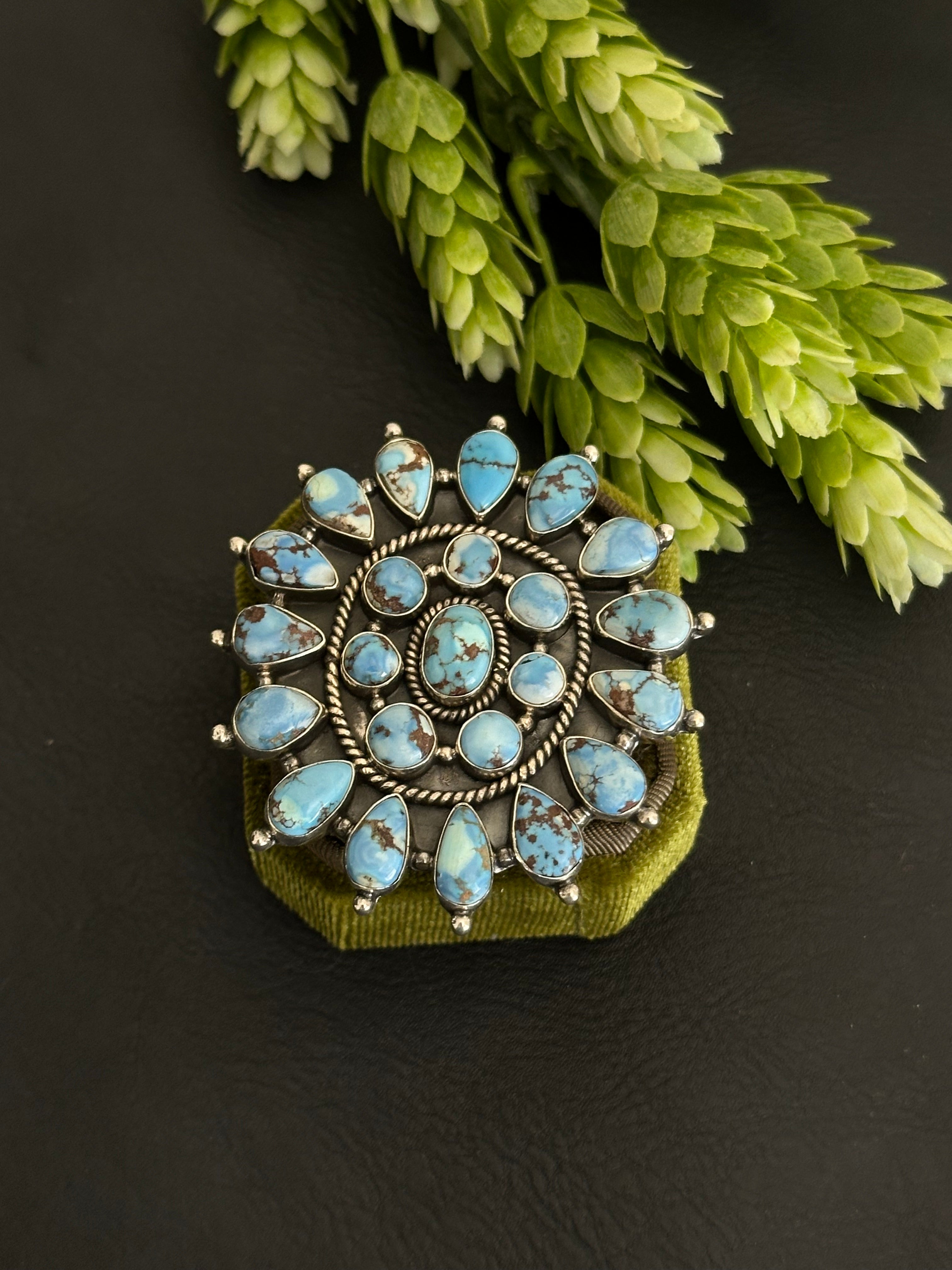 Southwest Handmade Golden Hills Turquoise & Sterling Silver Adjustable Cluster Ring