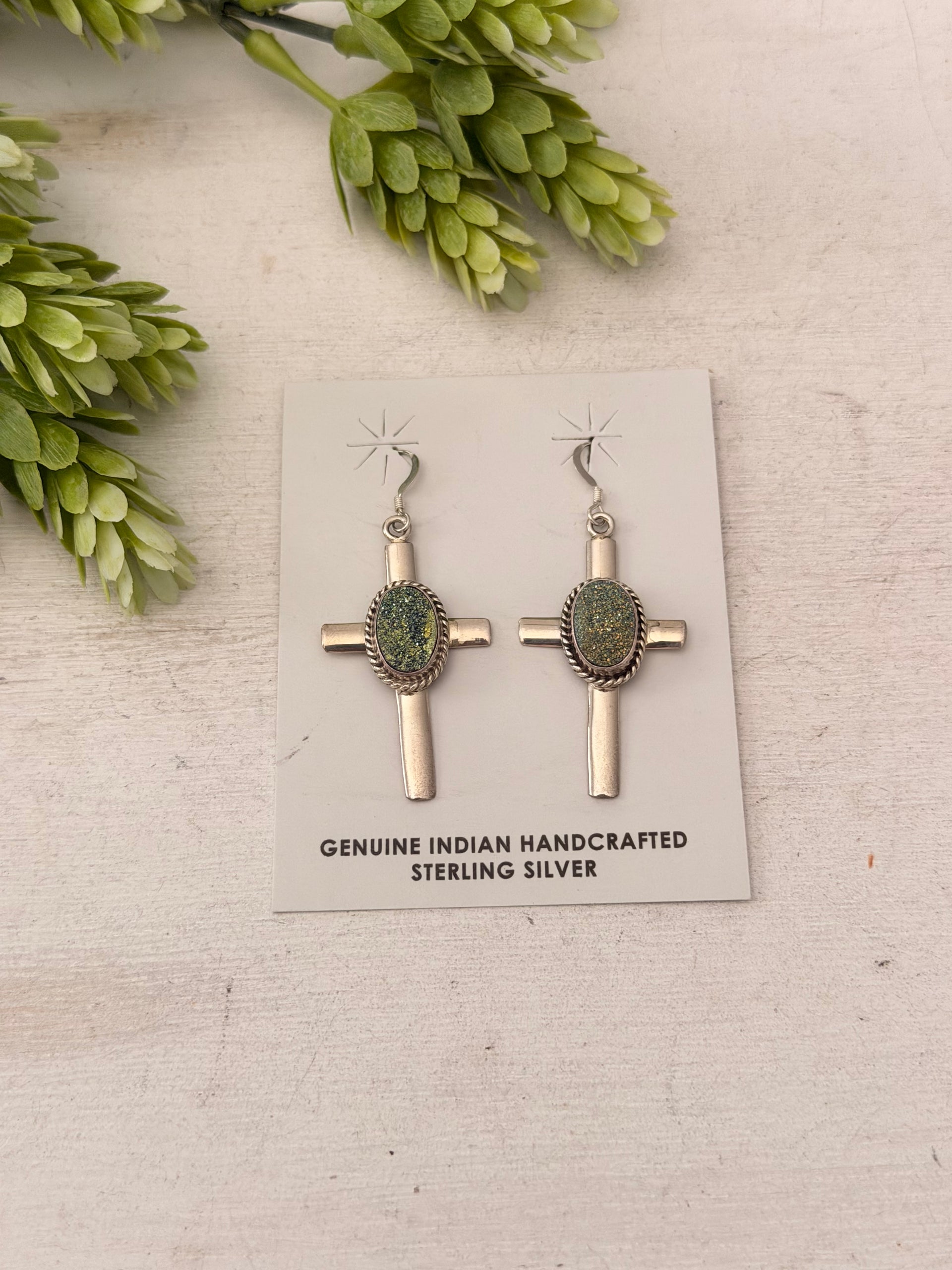 Carson Blackgoat Druzy Stone & Sterling Silver Dangle Cross Earrings