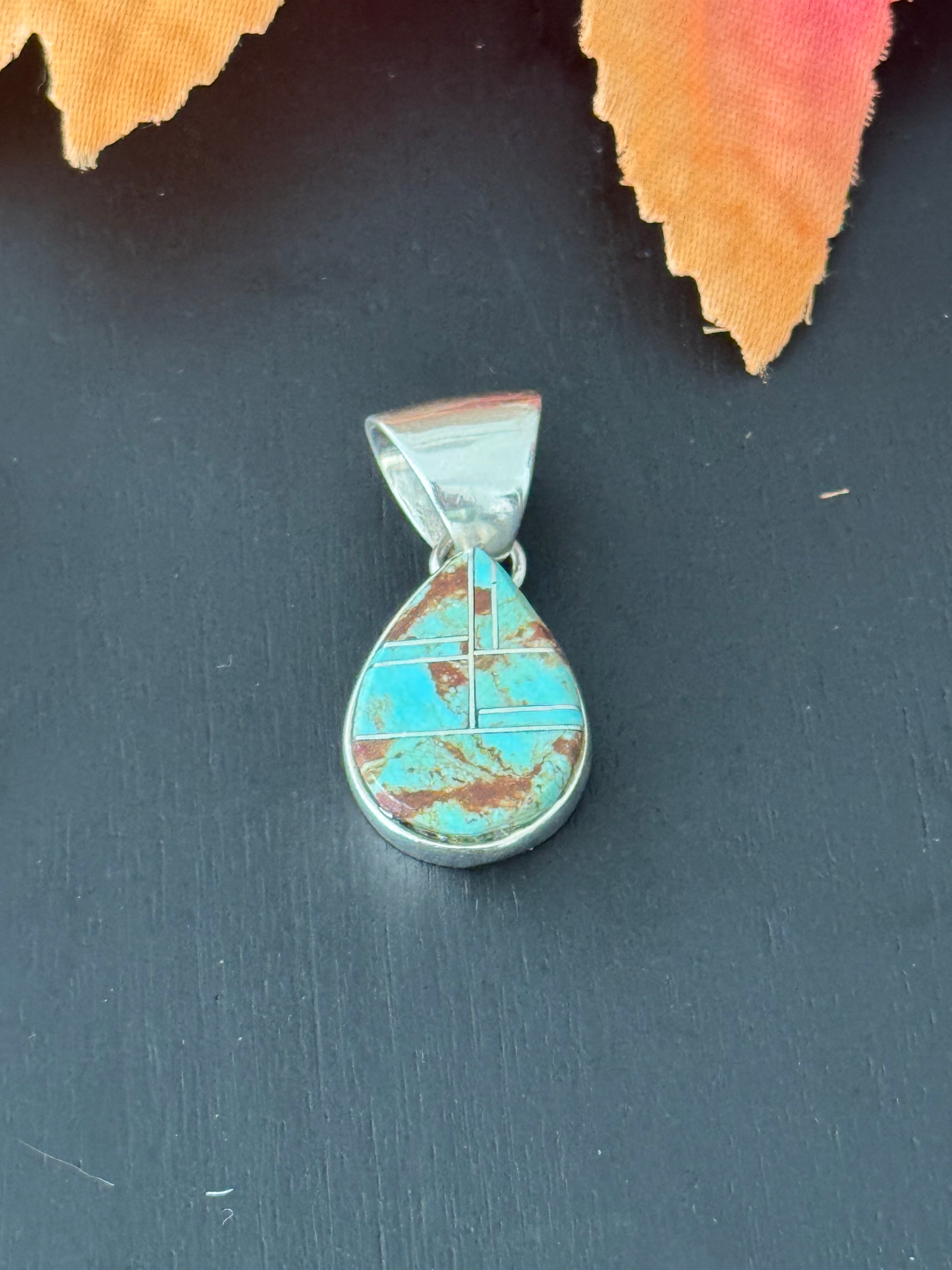 Navajo Made #8 Turquoise & Sterling Silver Inlay Pendant