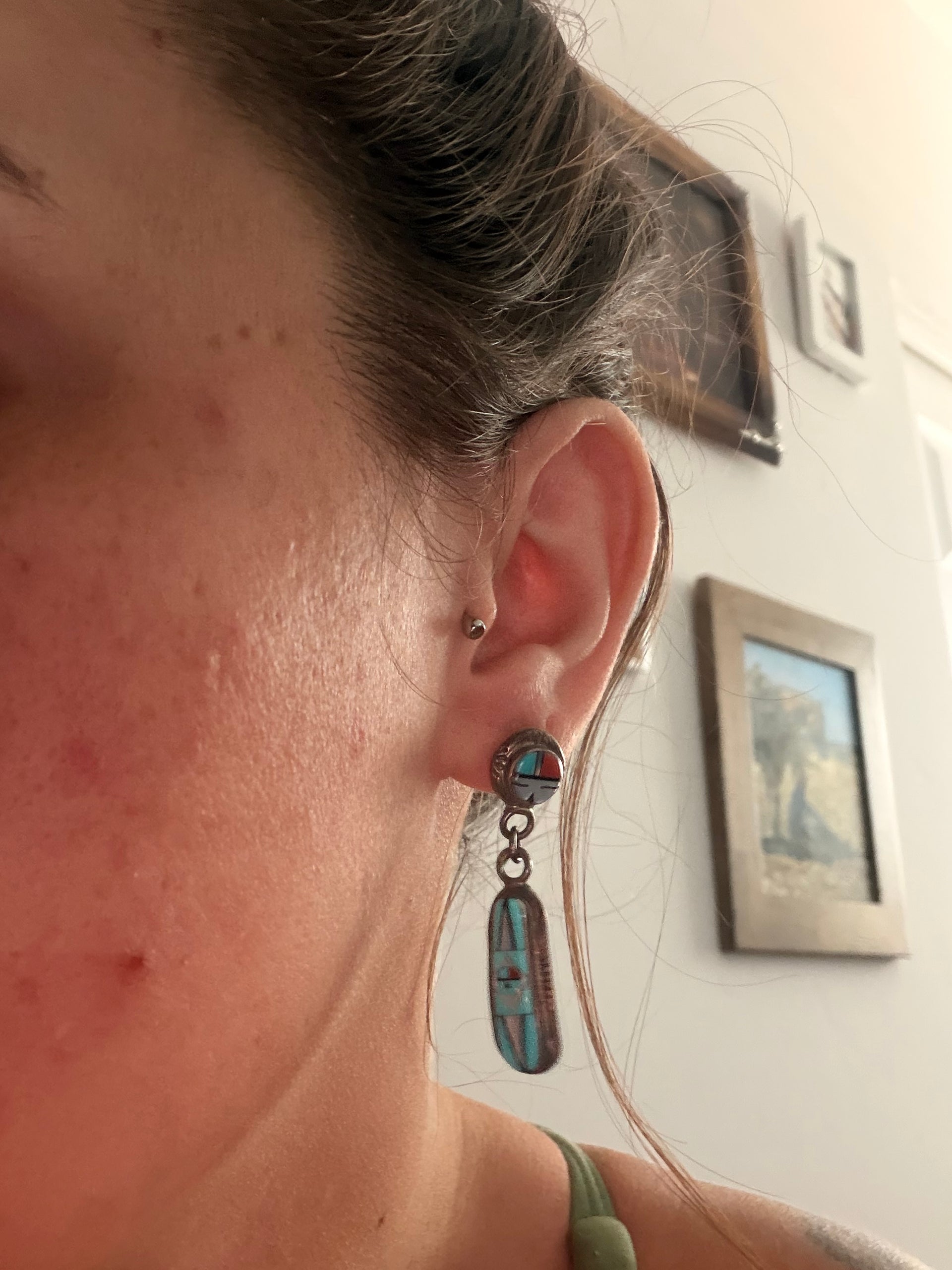 OLD PAWN P Edaakie Multi Stone & Sterling Silver Inlay Sunface Dangle Earrings