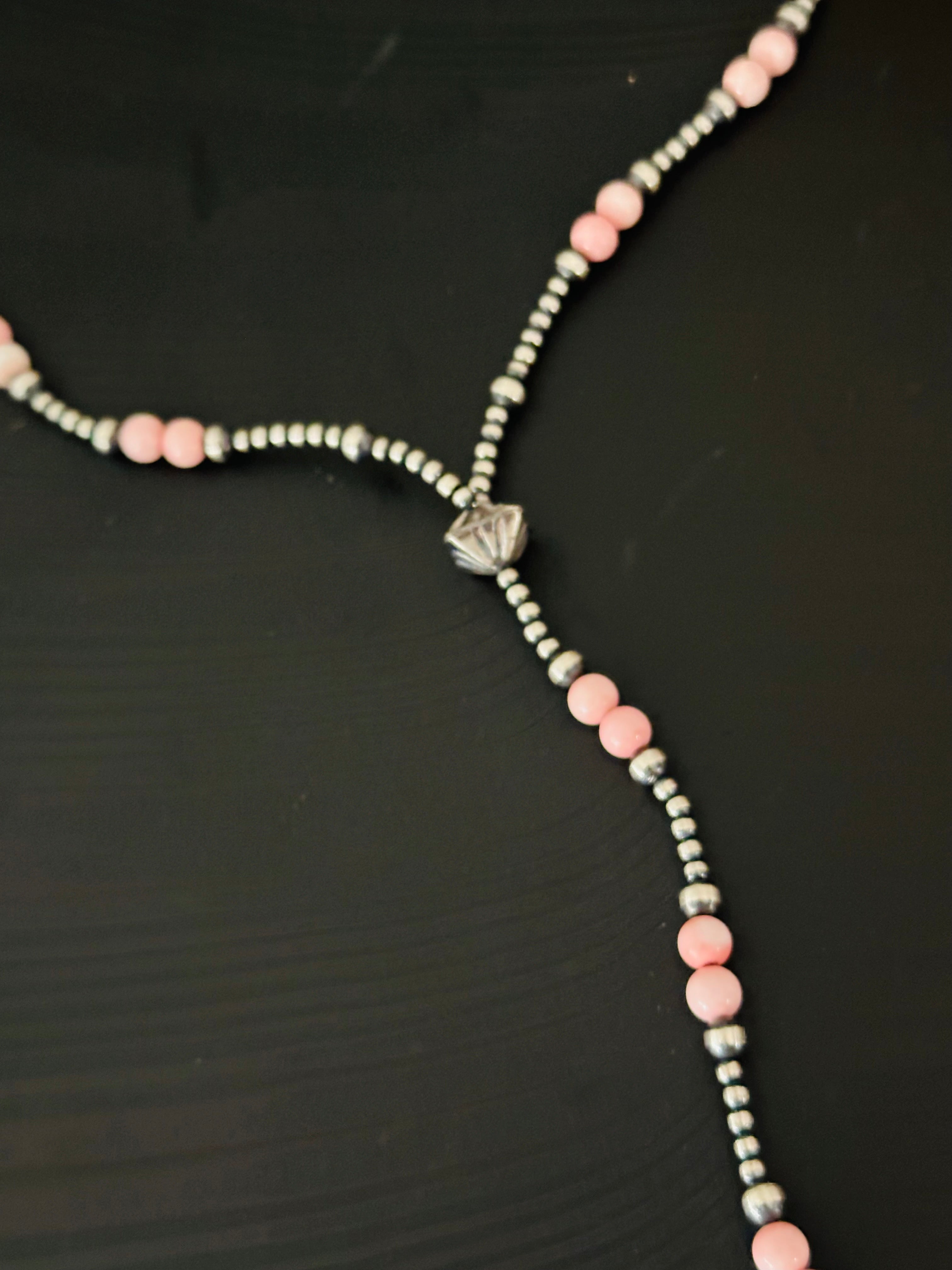 Navajo Strung Pink Conch & Sterling Silver Pearls Beaded Lariat Necklace