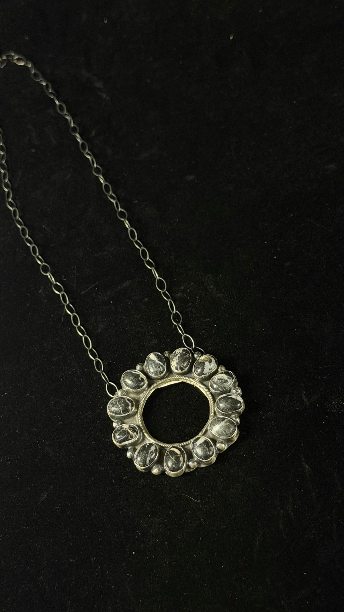 Navajo Made White Buffalo & Sterling Silver Cluster Necklace