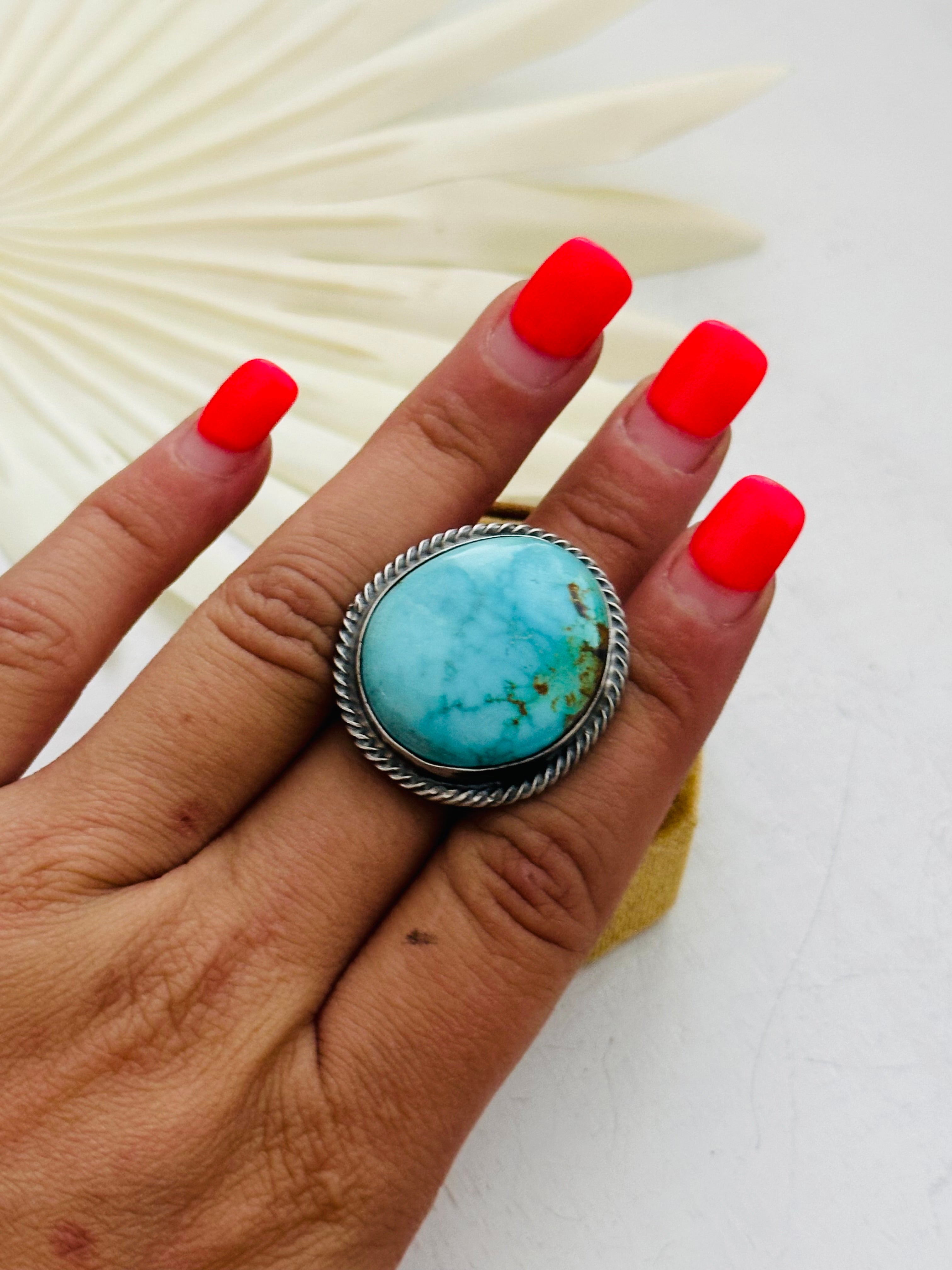 Navajo Made Sonoran Mountain Turquoise & Sterling Silver Ring Size 7.5