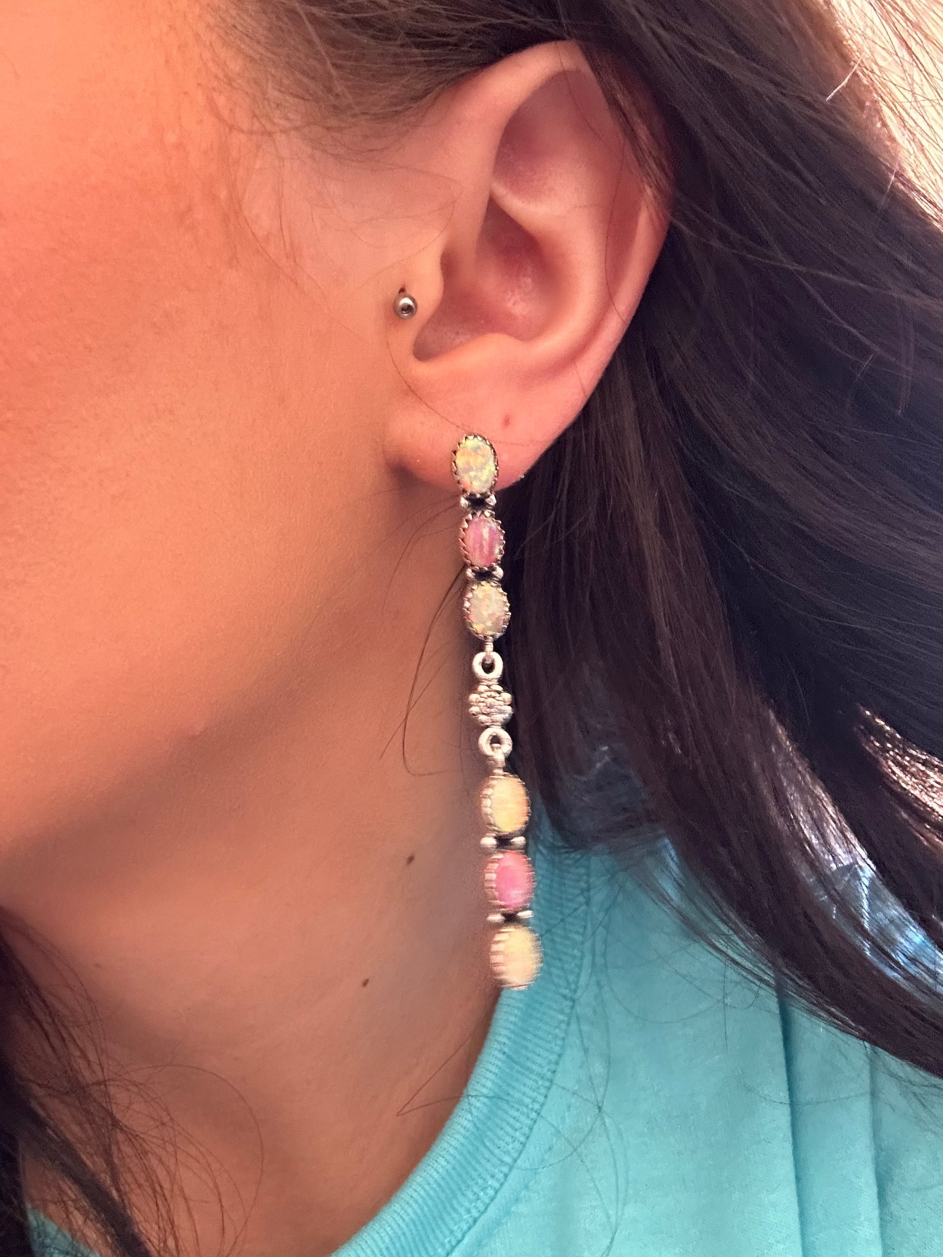 Southwest Handmade Multi Stone & Sterling Silver Post Dangle Earrings