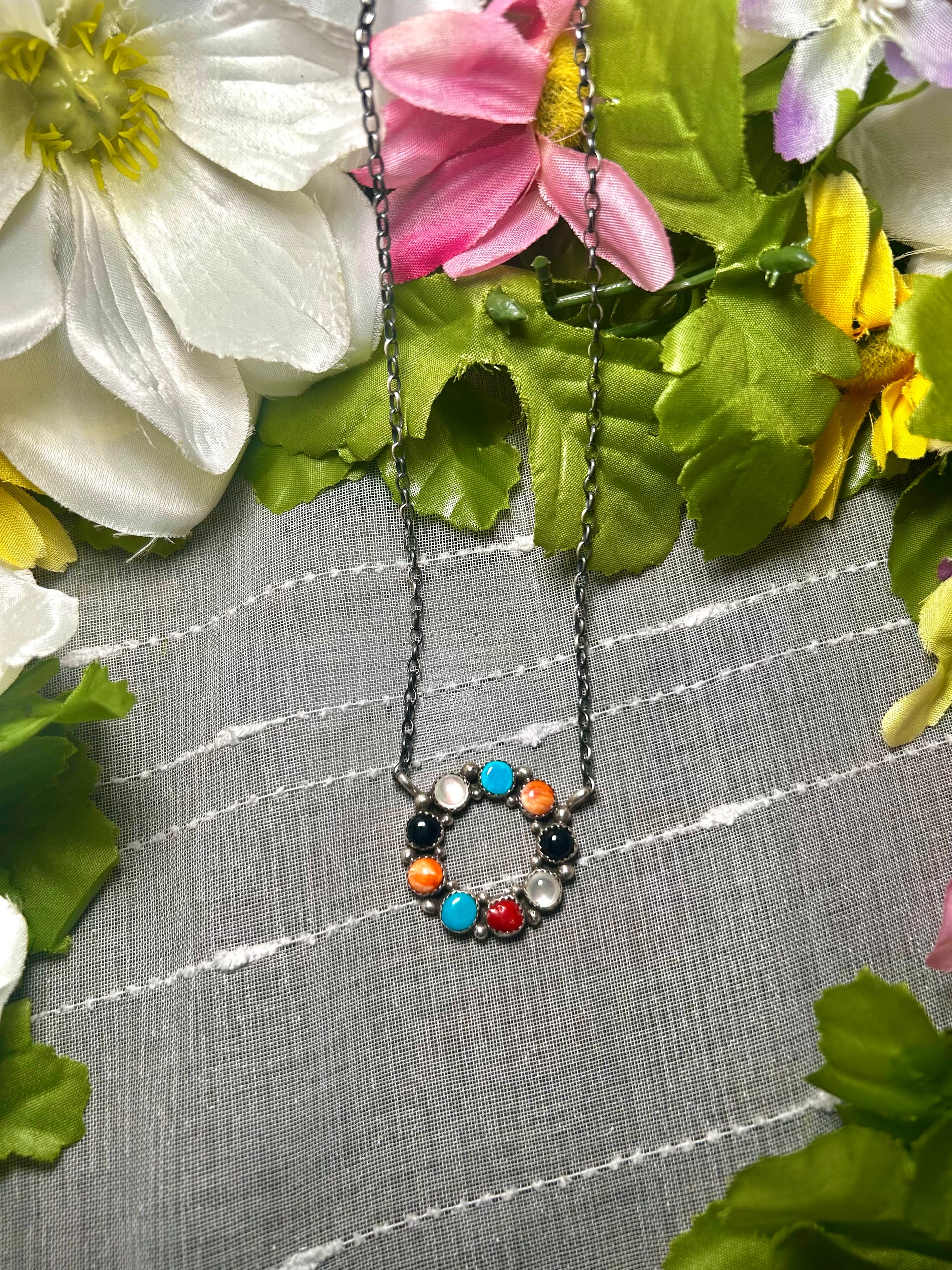Navajo Made Multi Stone & Sterling Silver Necklace