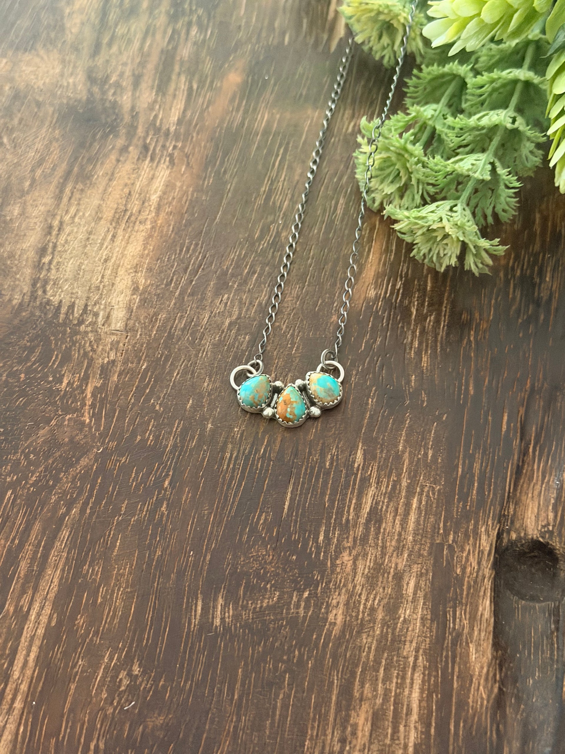 Navajo Made Kingman Turquoise & Sterling Silver Cluster Bar Necklace