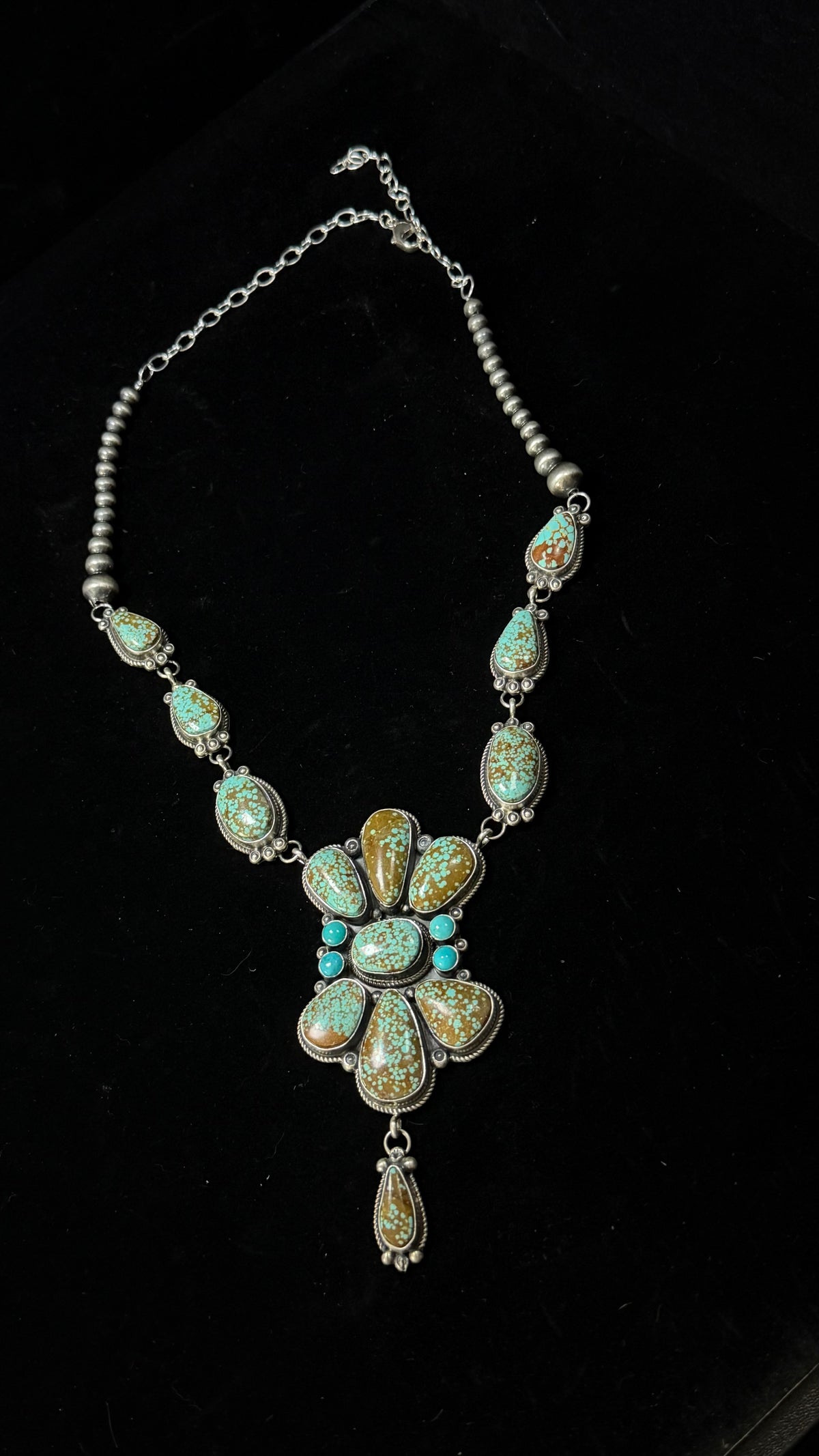 Navajo Made Mixed Turquoise & Sterling Silver Machine Made Pearl Cluster Necklace