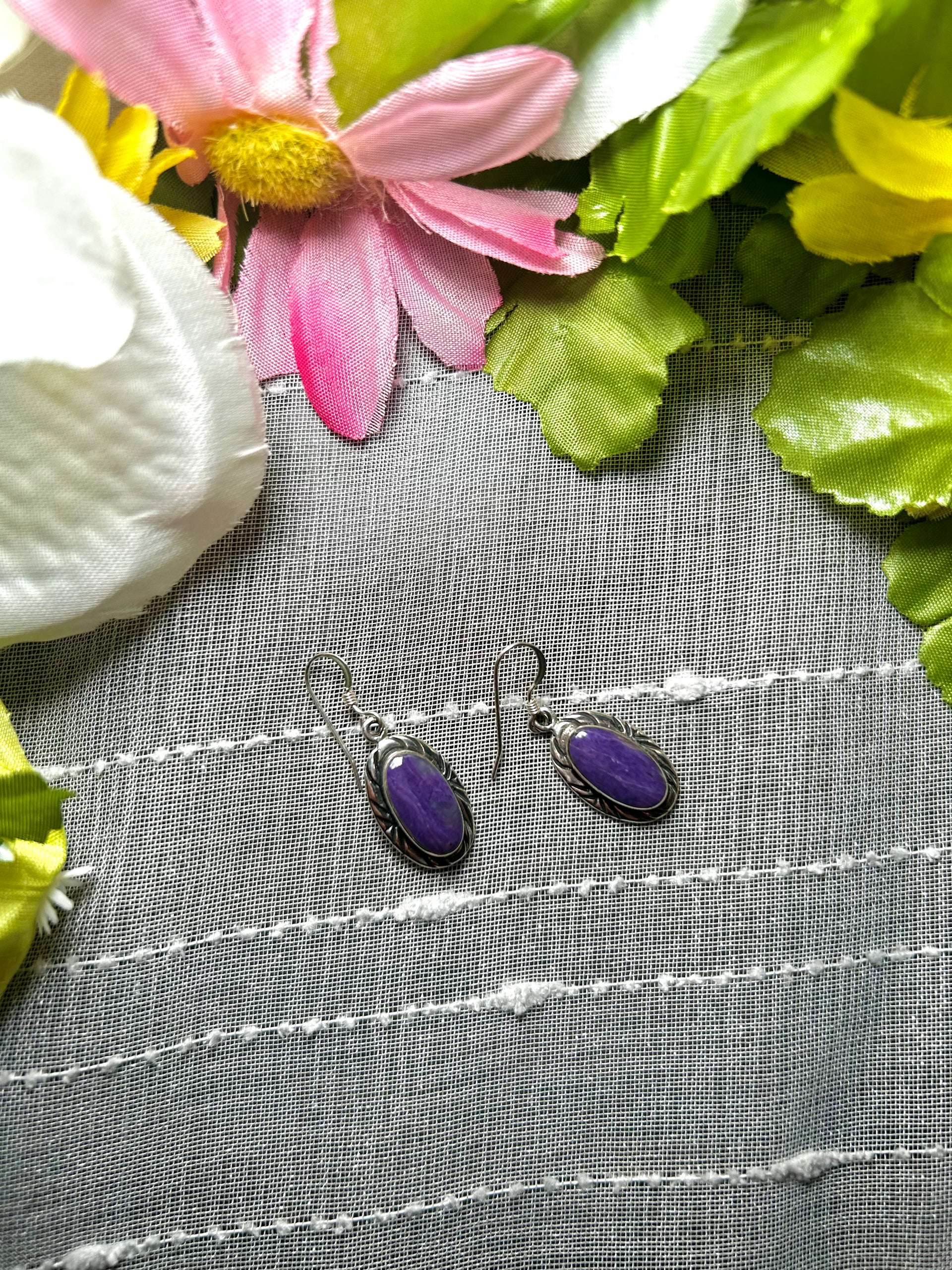 Navajo Made Charoite & Sterling Silver Dangle Earrings