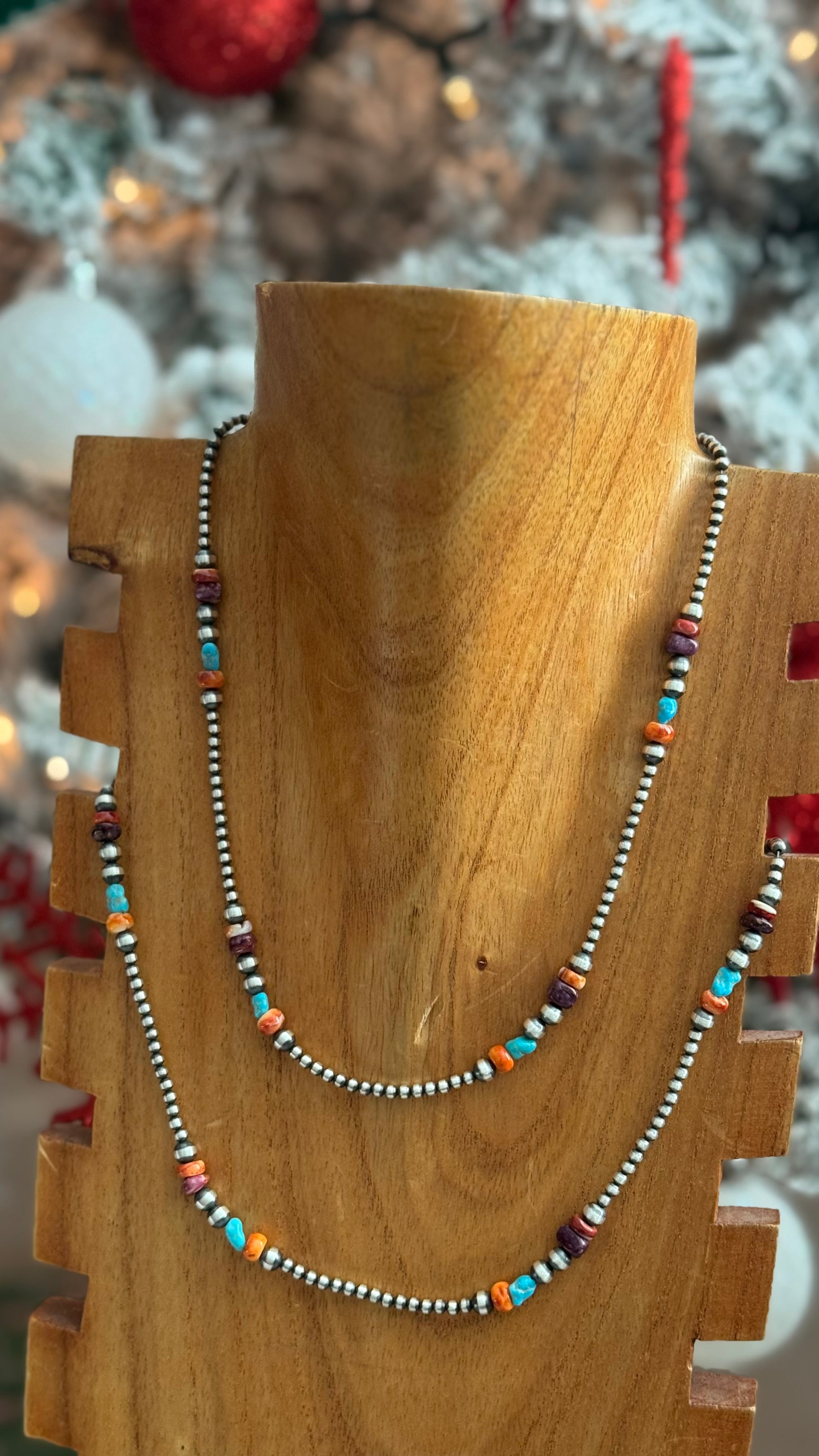 Navajo Strung Multi Stone & Sterling Silver Graduated Pearl Necklace