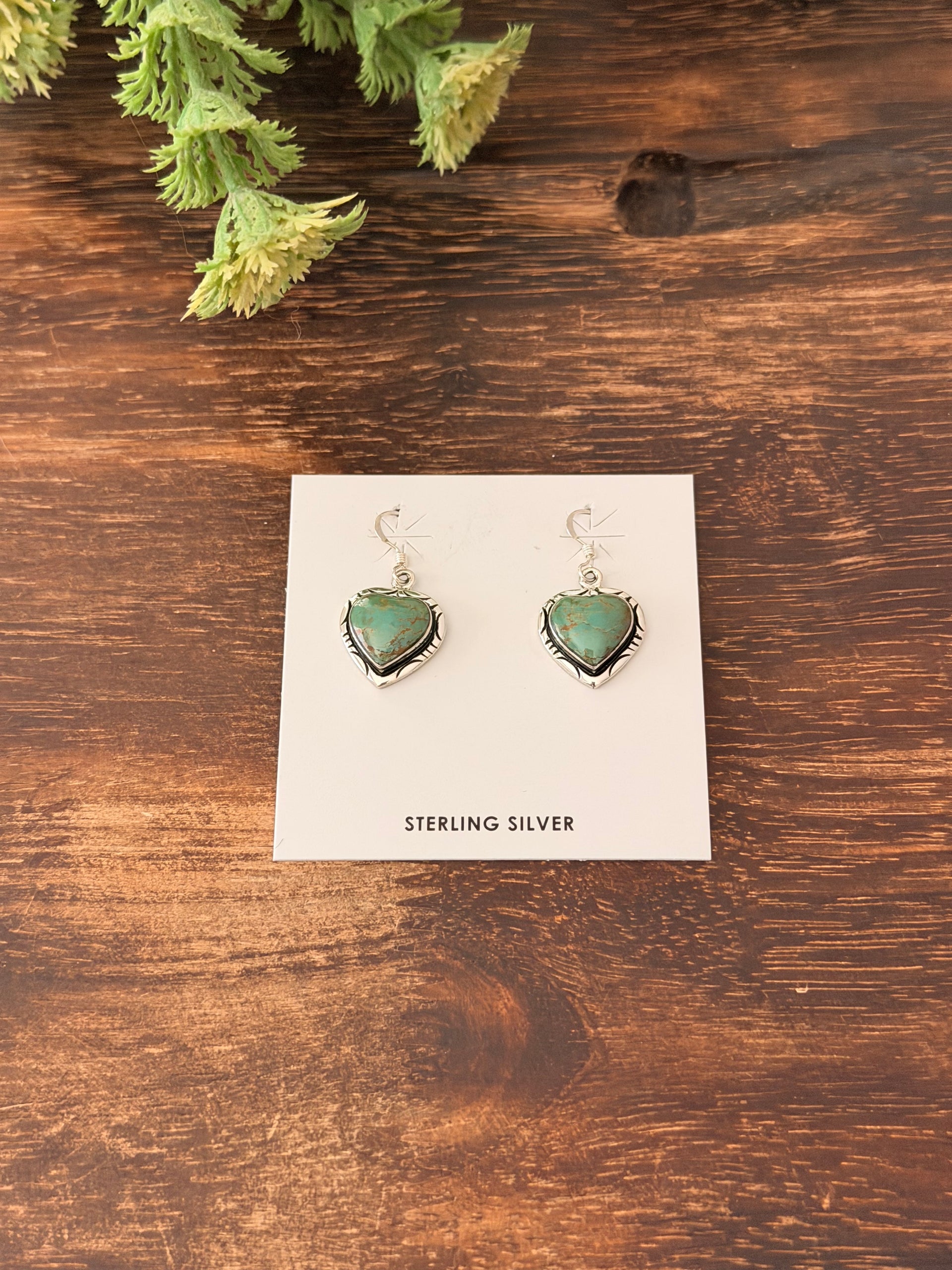 Navajo Made Kingman Turquoise & Sterling Silver Dangle Heart Earrings