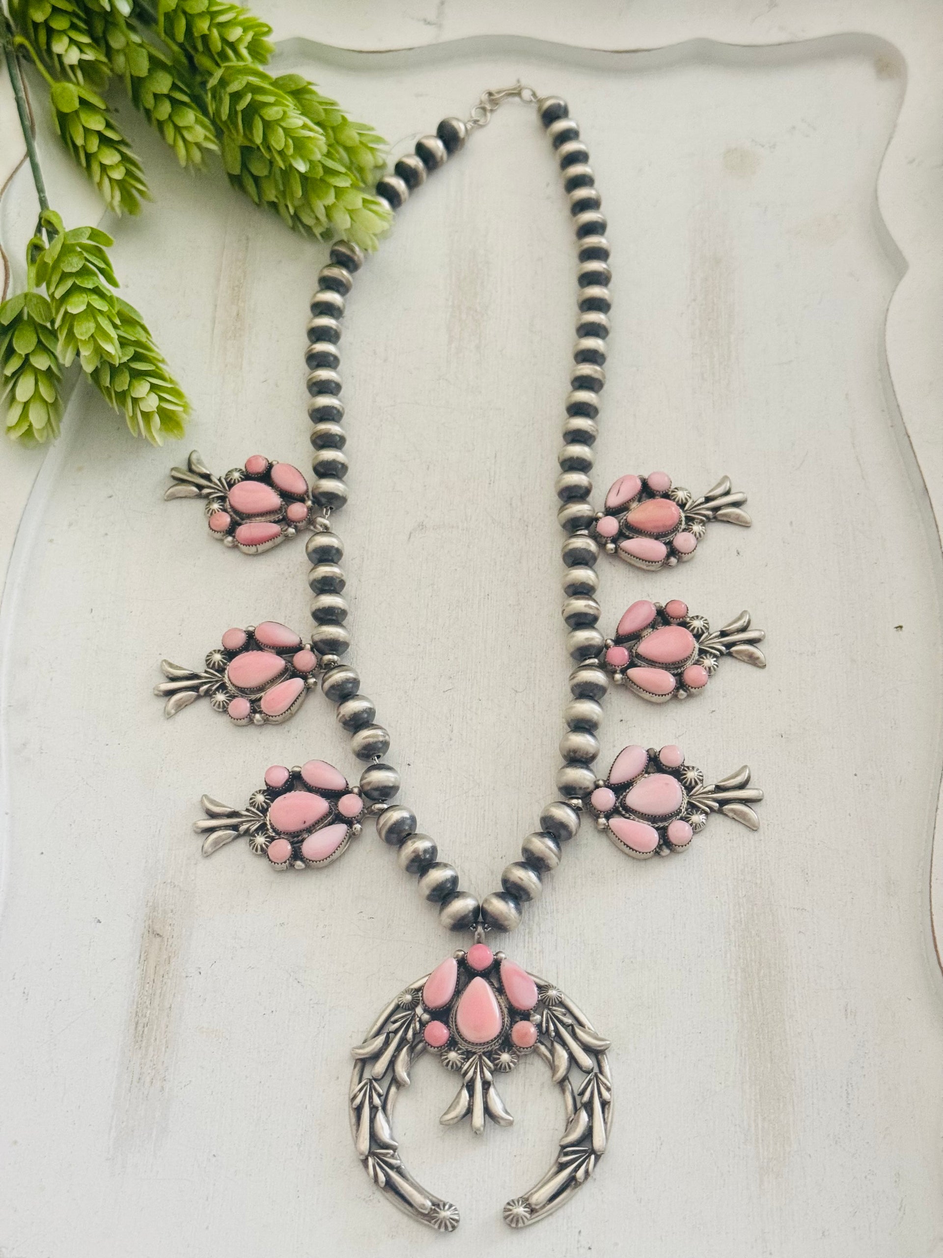 Bobby Platero Pink Conch & Sterling Silver Squash Blossom Necklace