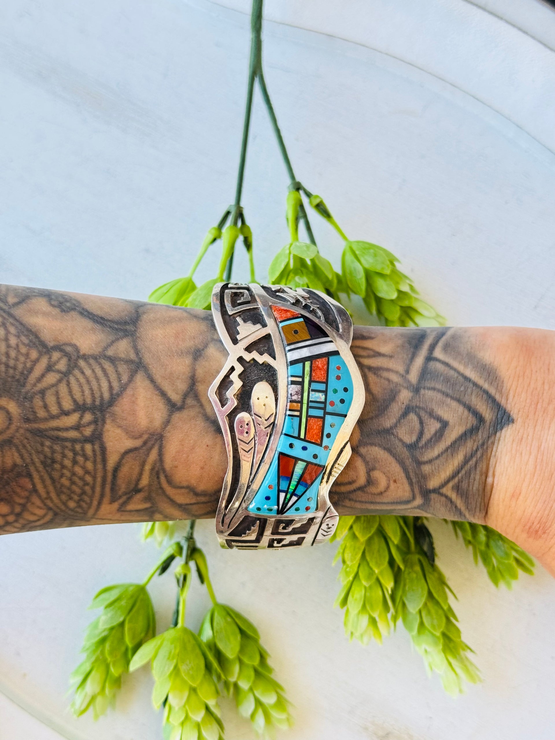 Vintage Calvin Begay Multi Stone & Sterling Silver Inlay Cuff Bracelet