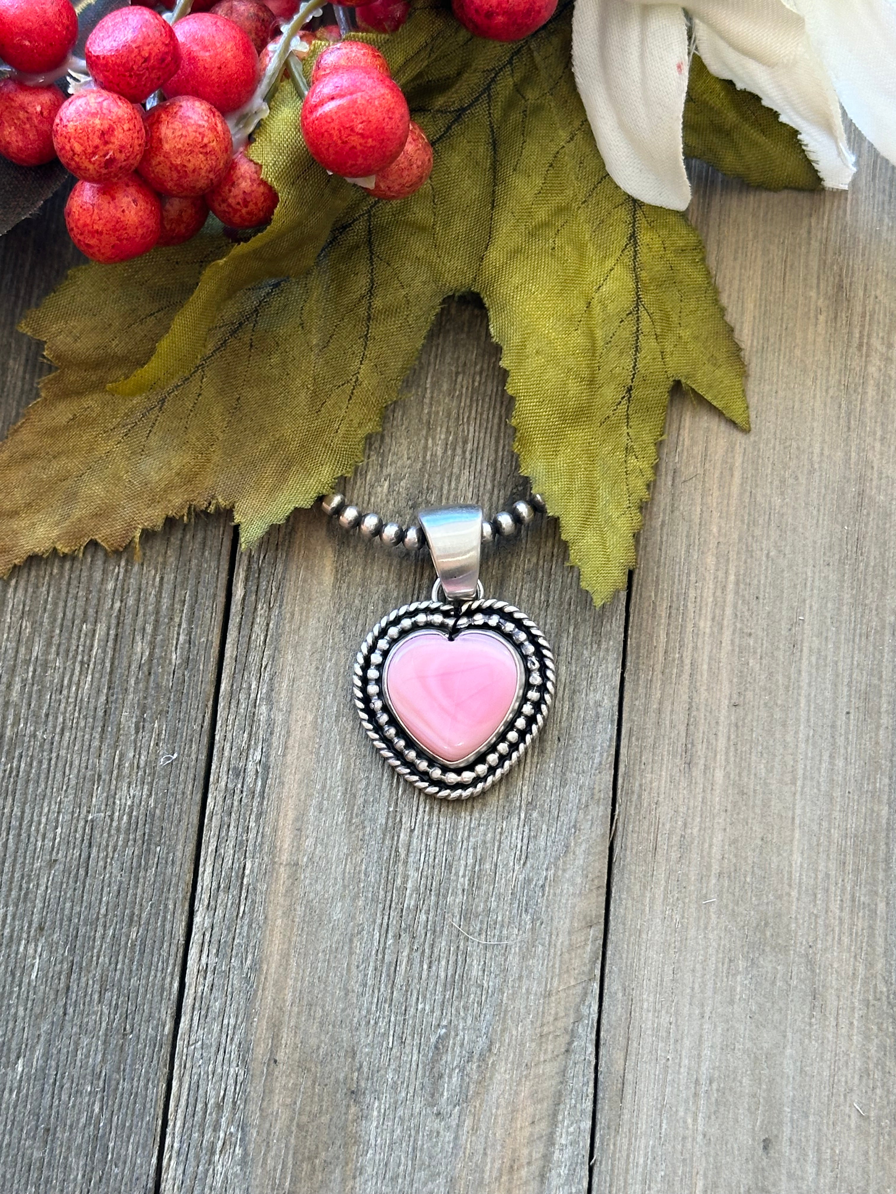 Navajo Made Pink Conch & Sterling Silver Heart Pendant