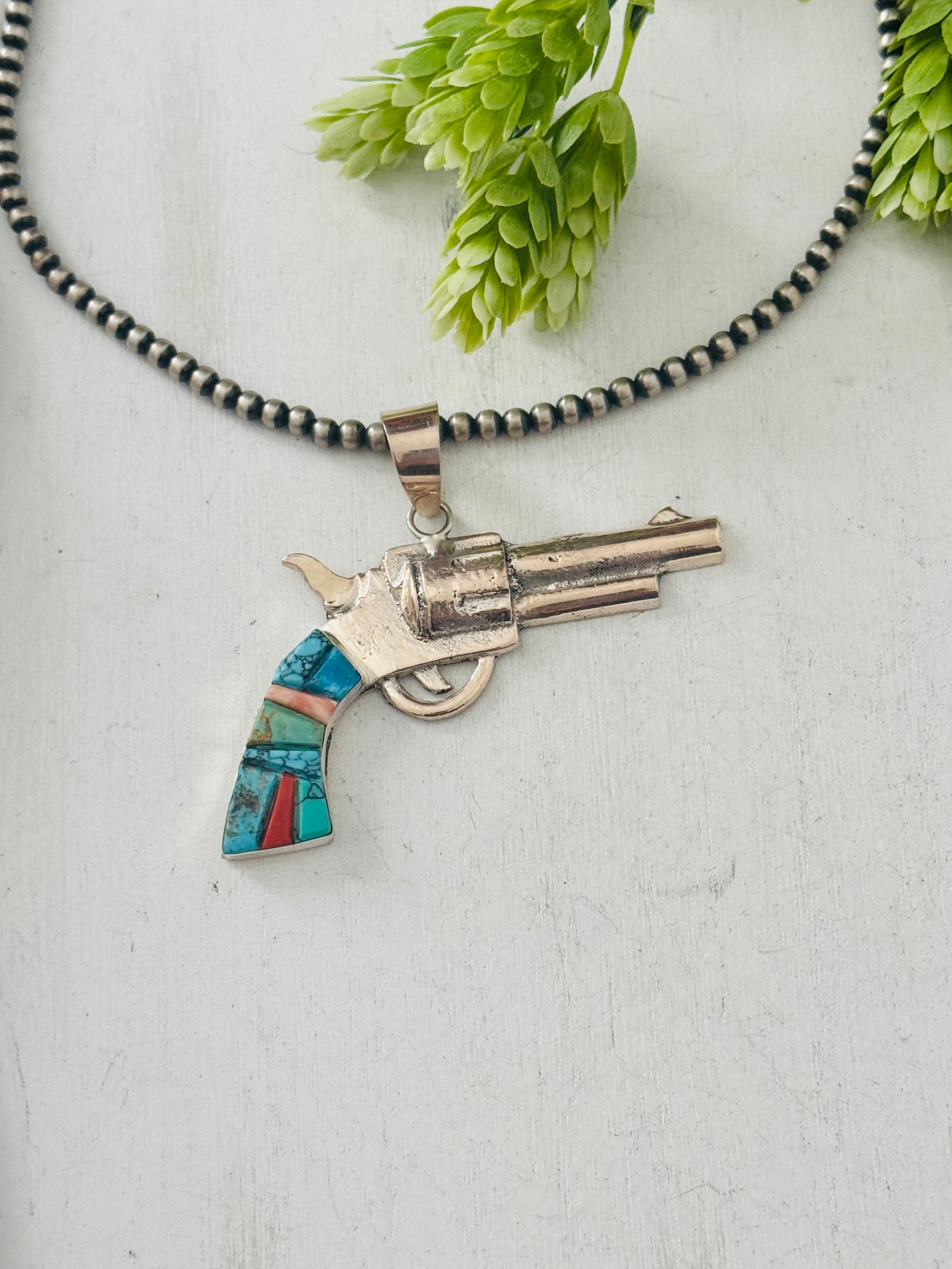 Bobby Mannelito Multi Stone & Sterling Silver Pistol Pendant