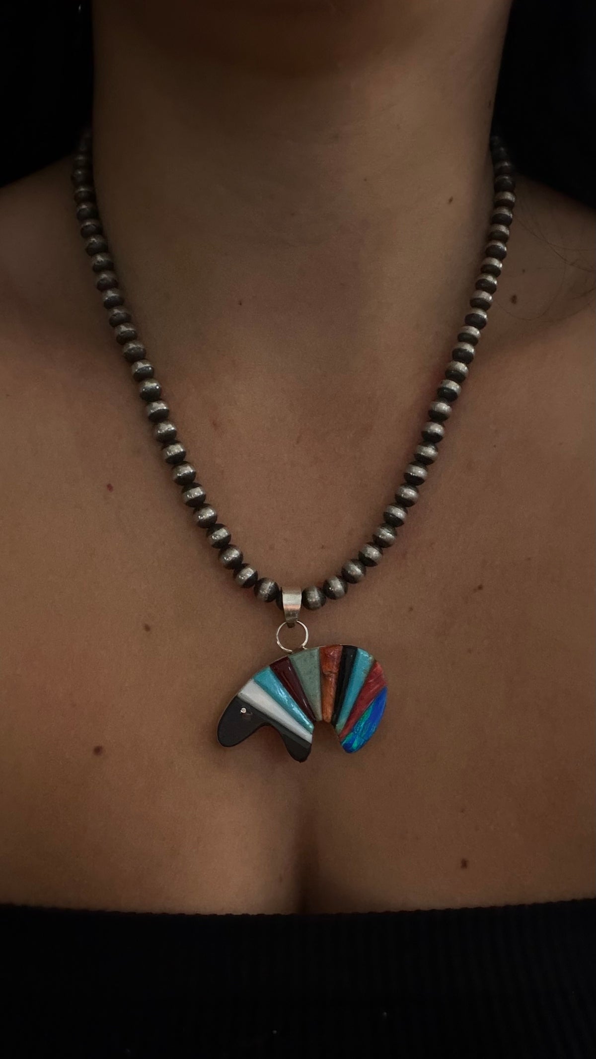Navajo Made Multi Stone & Sterling Silver Cobblestone Bear Pendant