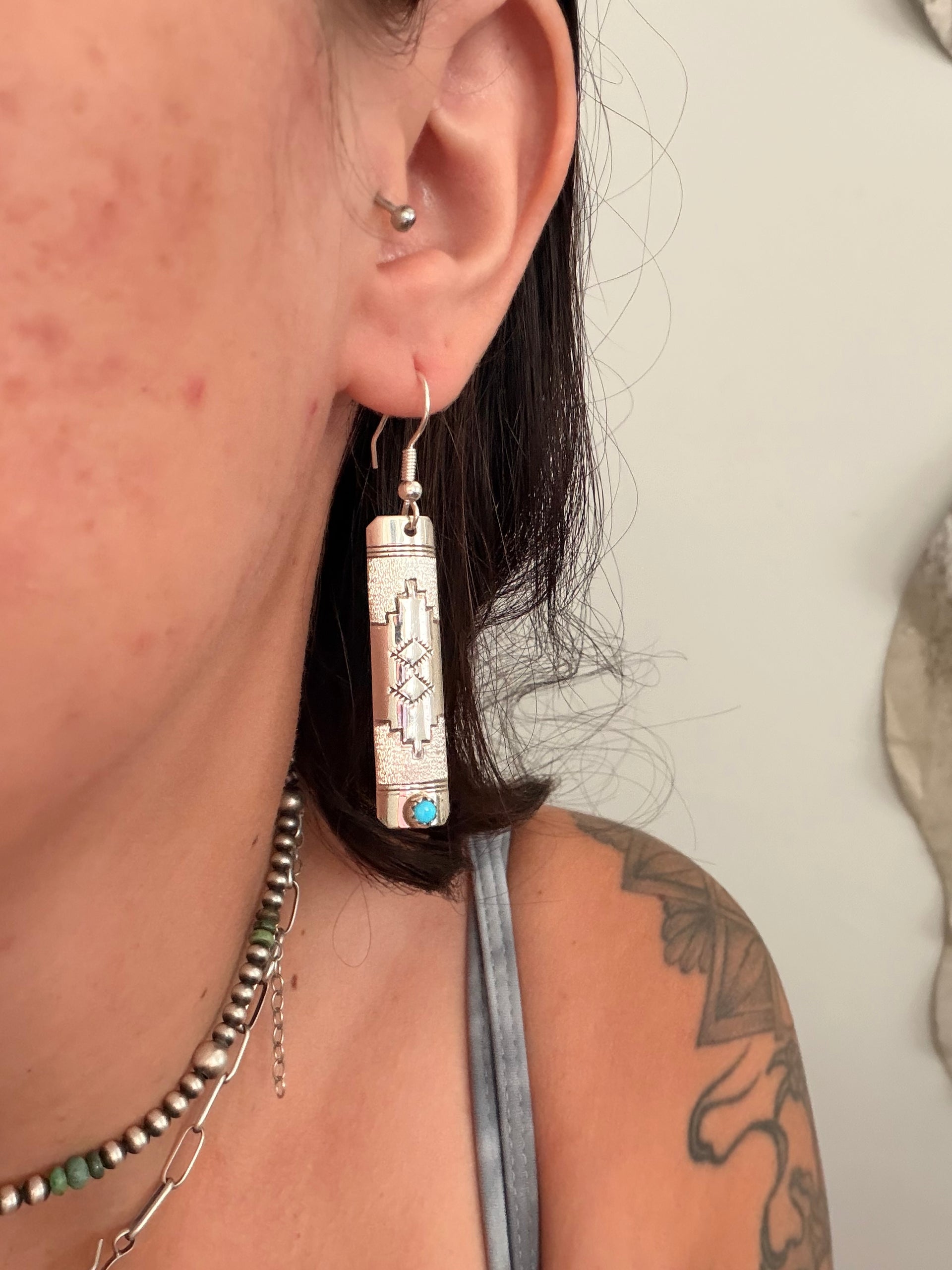Navajo Made Kingman Turquoise Sterling Silver Dangle Earrings