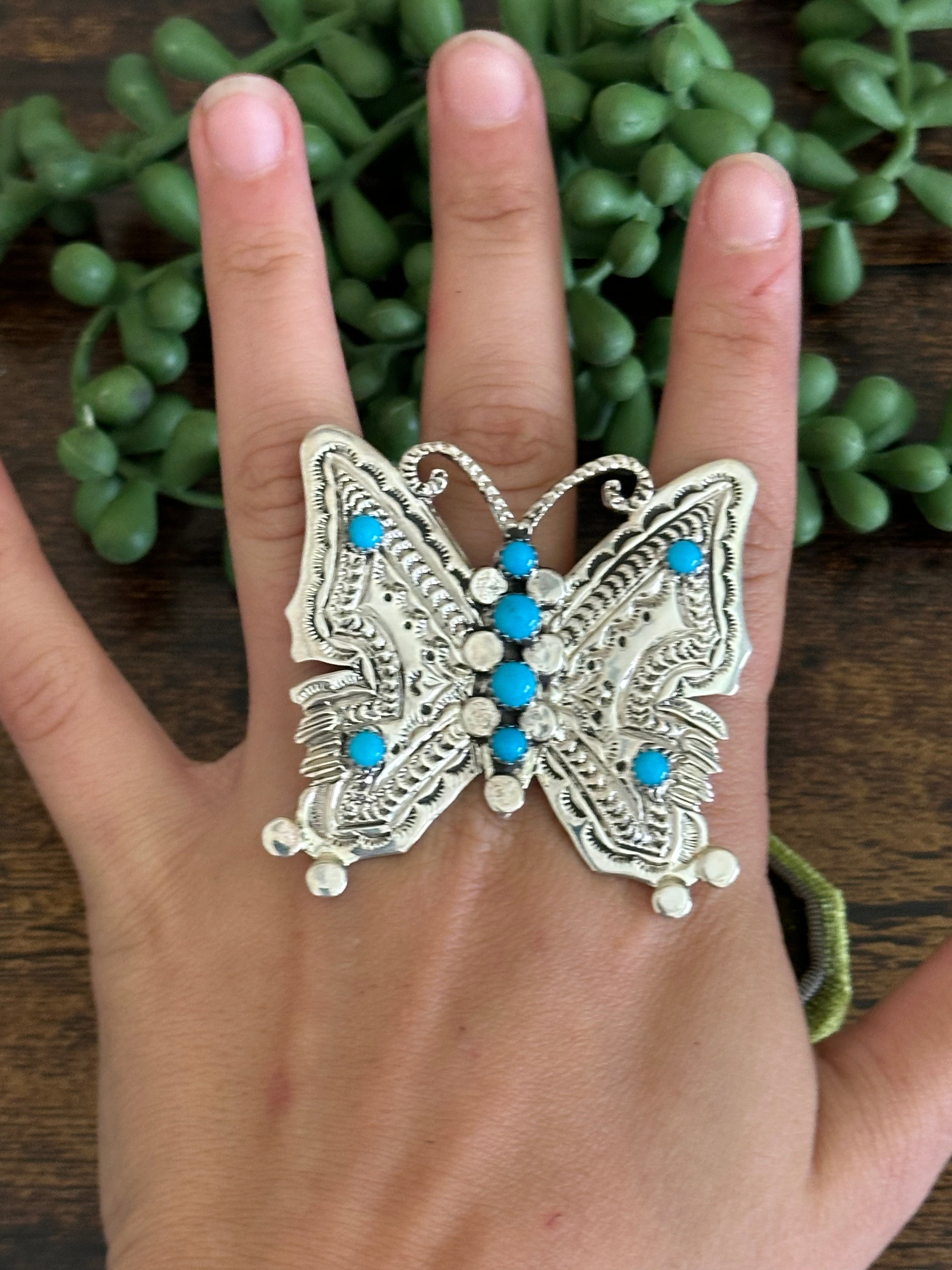 Jereme Delgarito Kingman Turquoise & Sterling Silver Adjustable Butterfly Ring