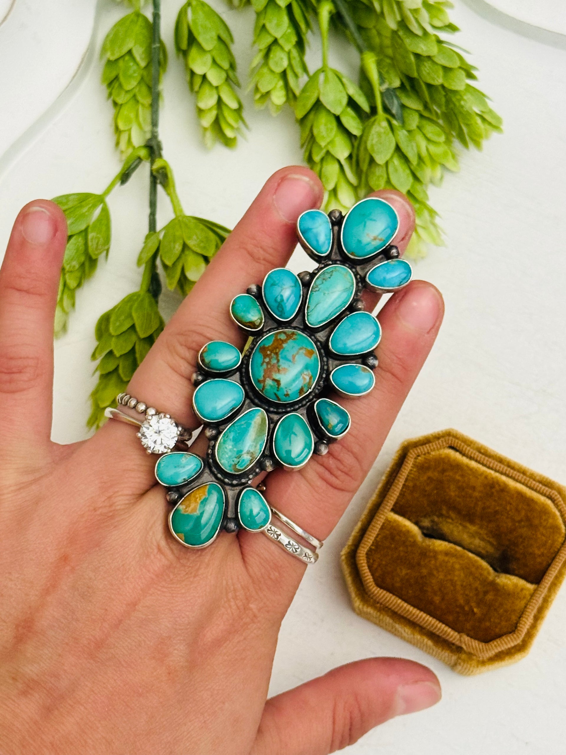 Navajo Made Royston Turquoise and Sterling Silver Cluster Ring Size 8.25