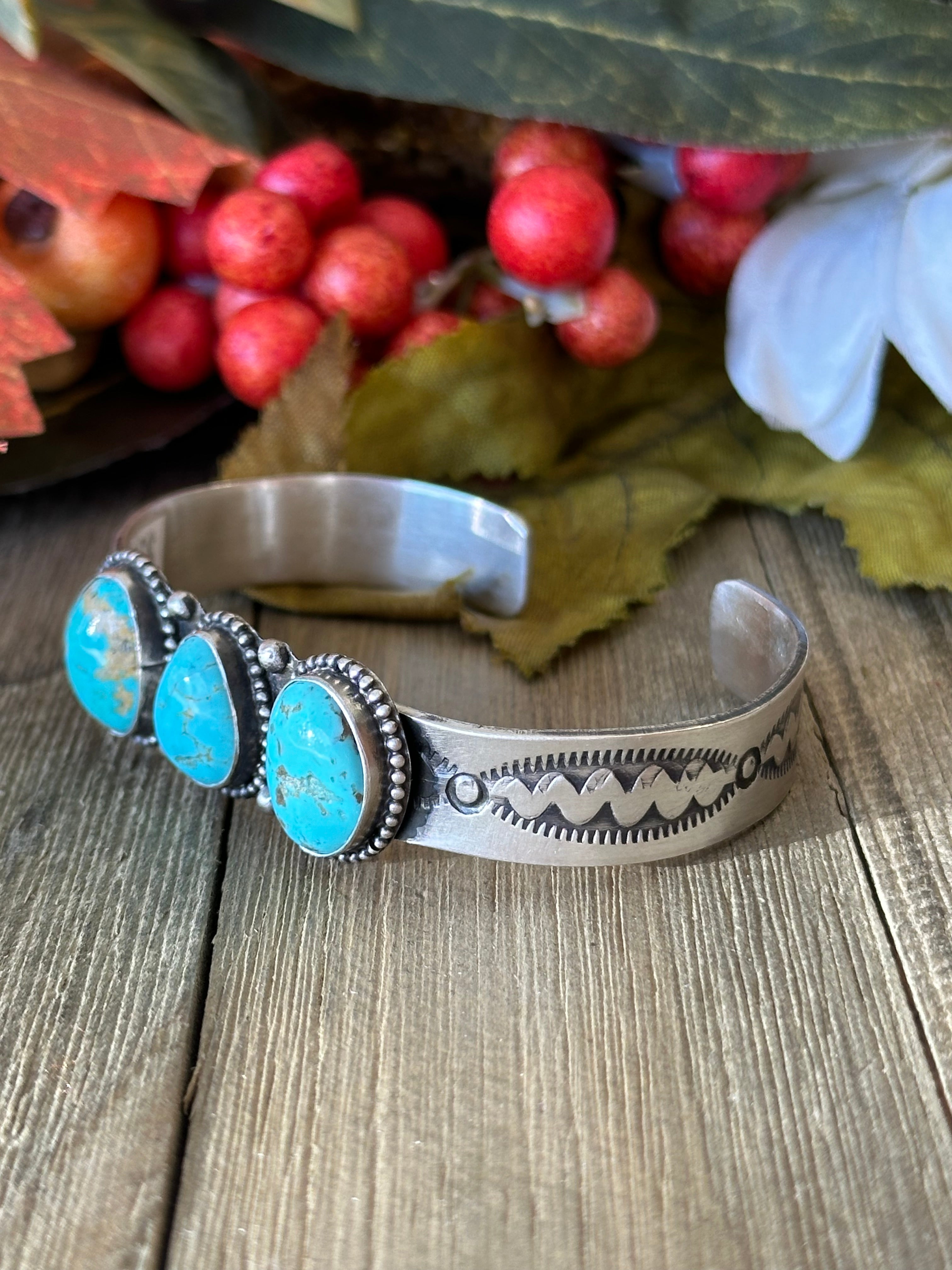 Navajo Made Kingman Turquoise & Sterling Silver Cuff Bracelet