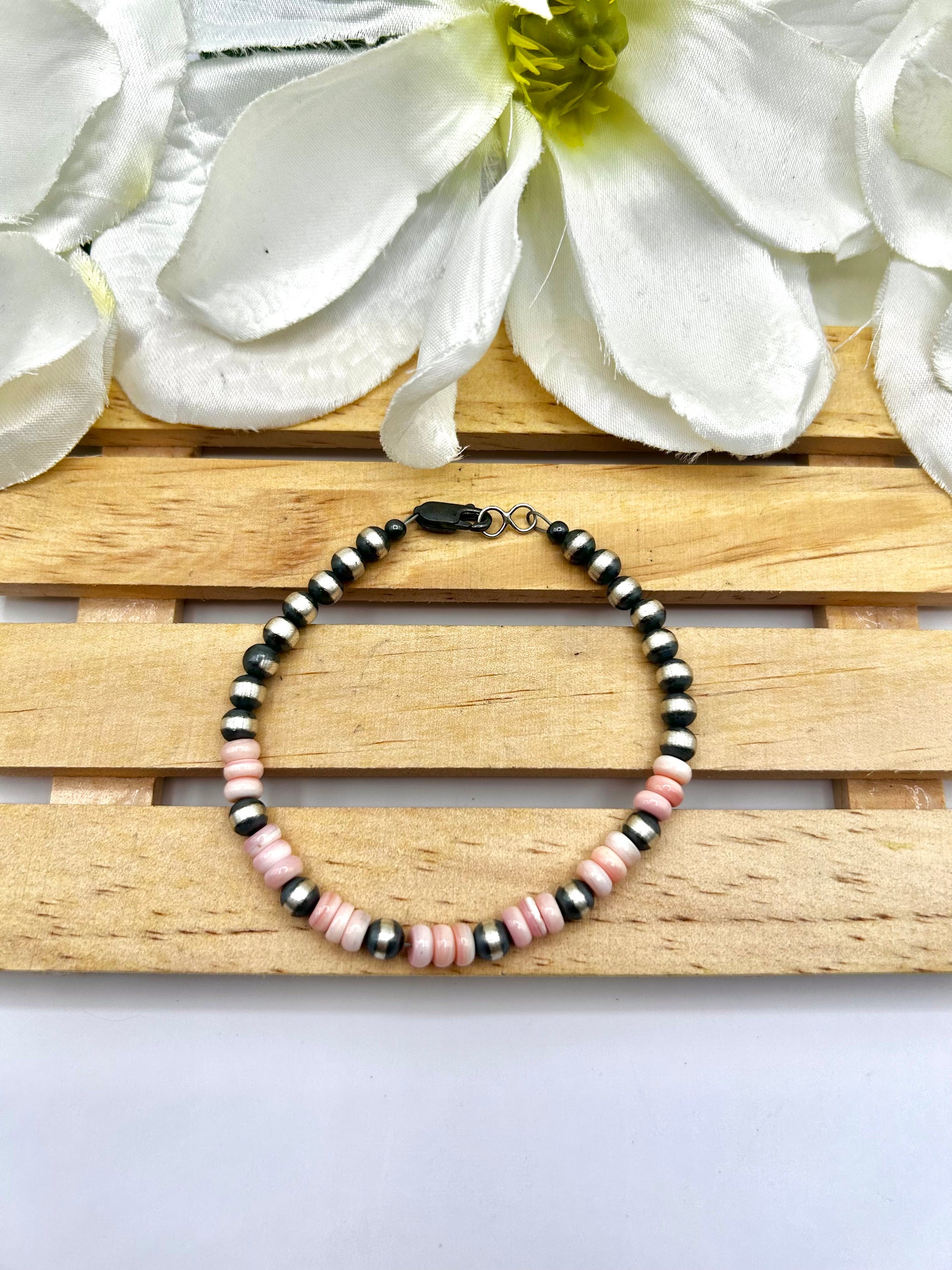 Navajo Made Strung Pink Conch & Sterling Silver Link Bracelet