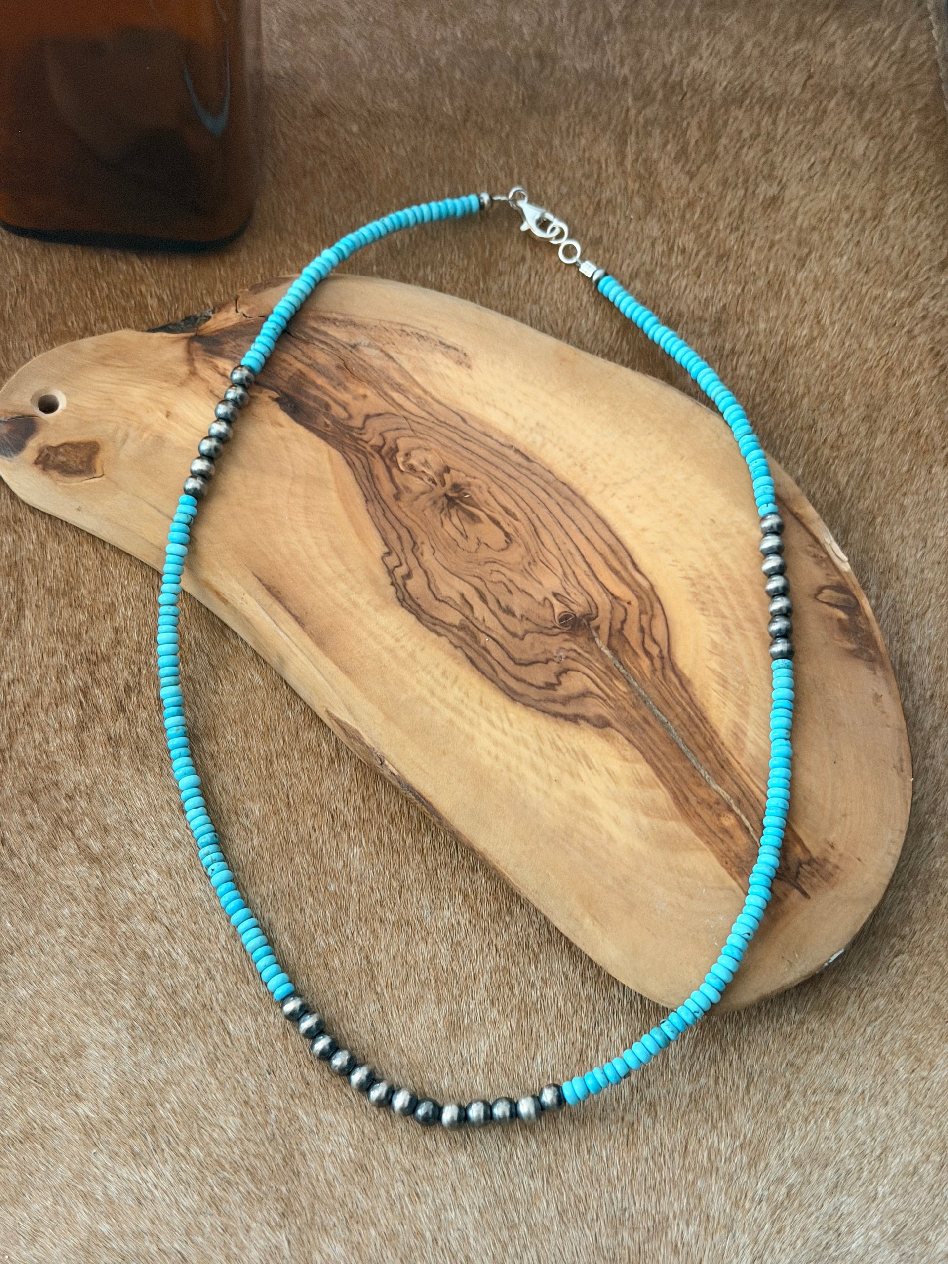 Navajo Strung Cerrilos Turquoise & Sterling Silver Pearl Necklace